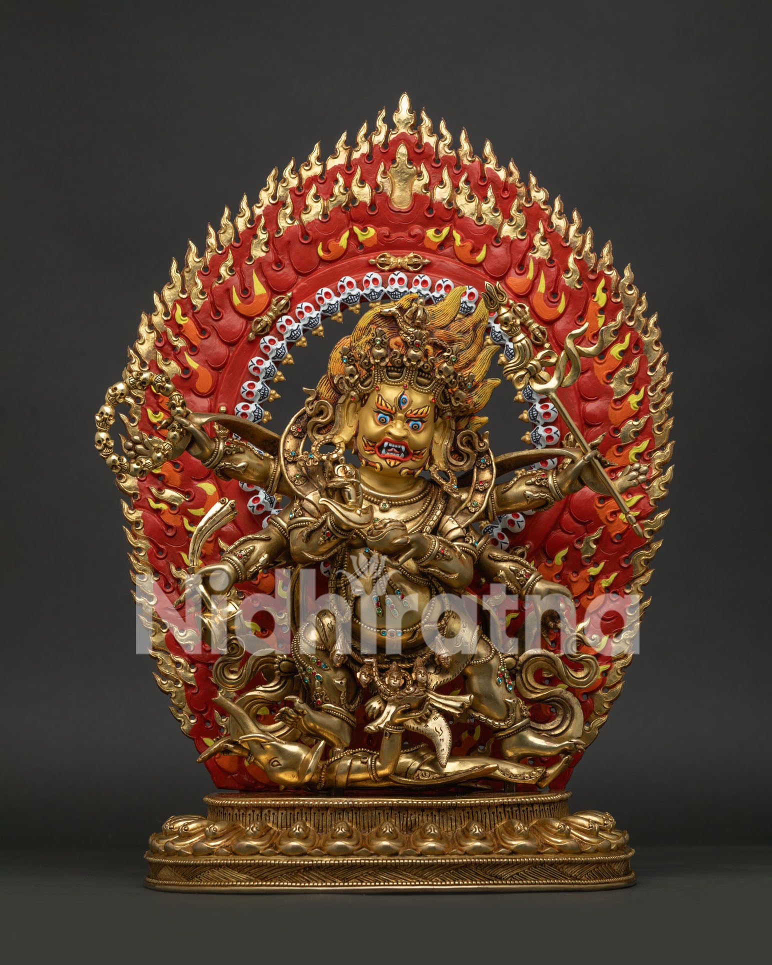 front view of 24k gold gilded six arm mahakala statue nepalese copper art