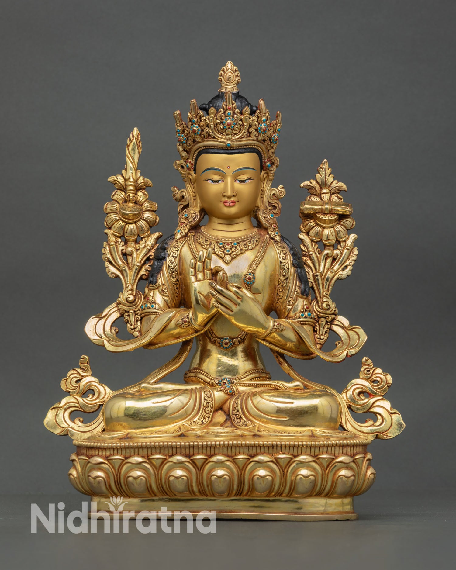 Front view of 24K Gold Manjushree Statue handcrafted in Nepal with copper body and lotus throne