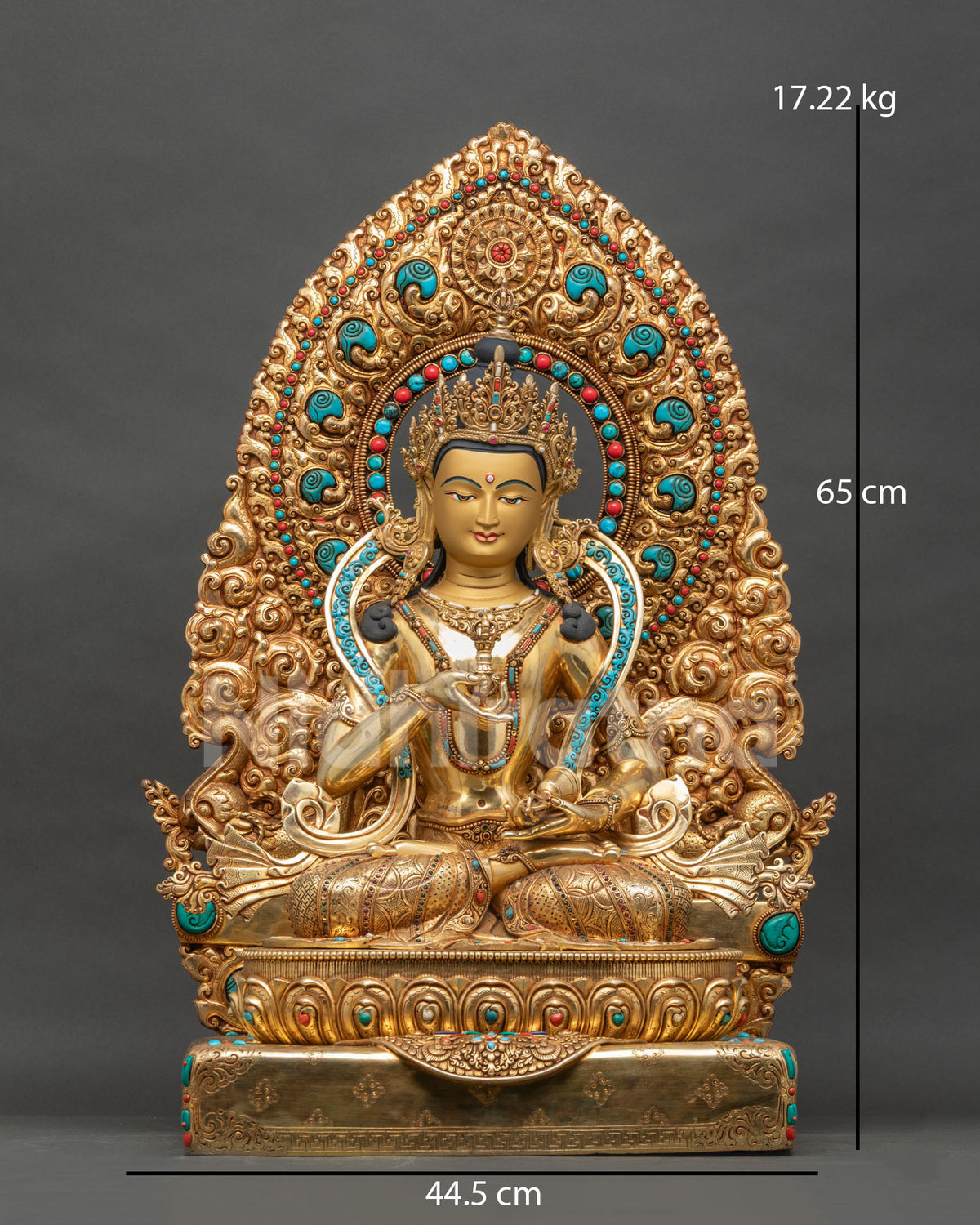Front view of 25 inch gold fire-gilded Vajrasattva statue from Nepal with floral halo