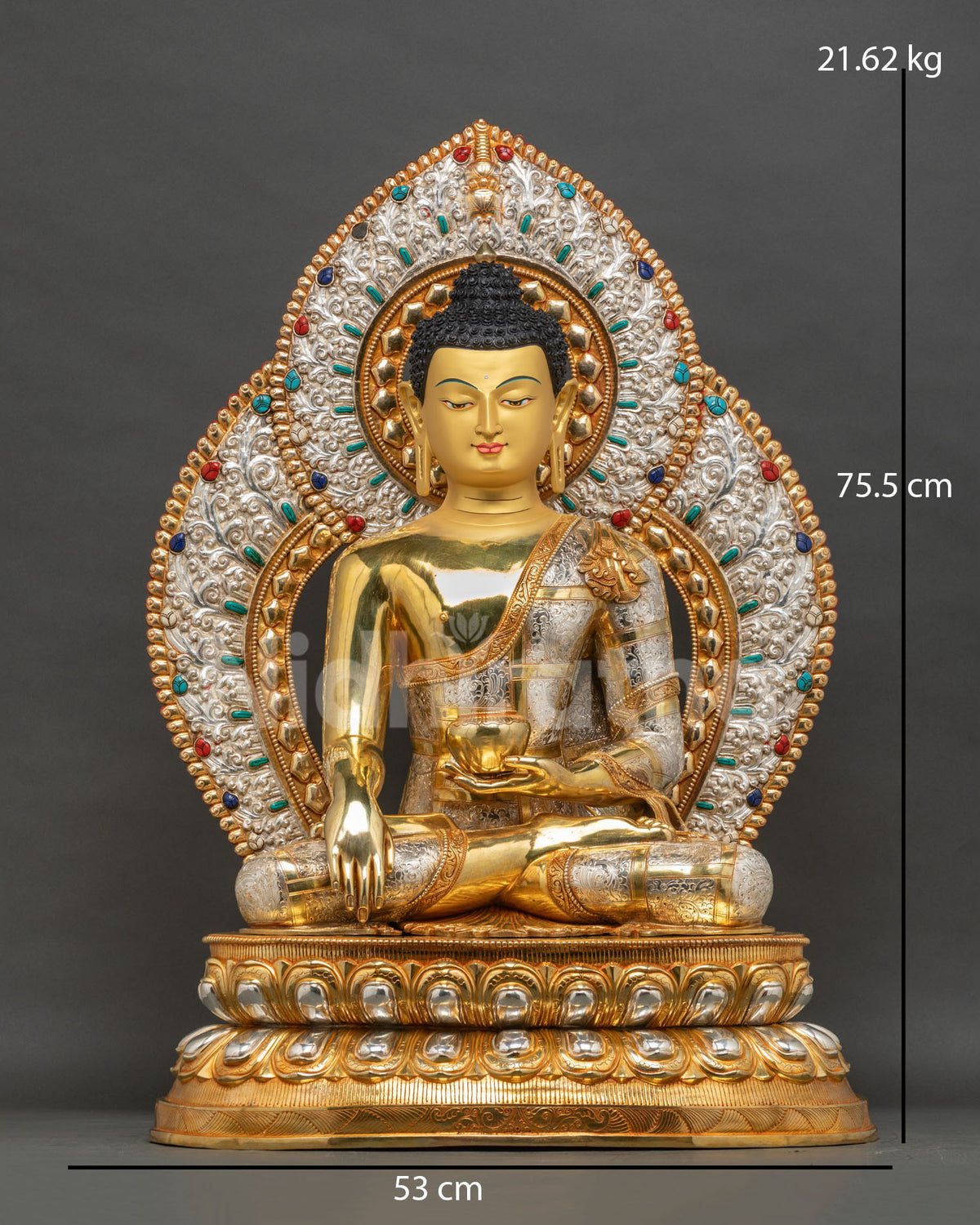 Front view of 29" Shakyamuni Buddha statue in 24K gold fire-gilded copper with silver-plated halo
