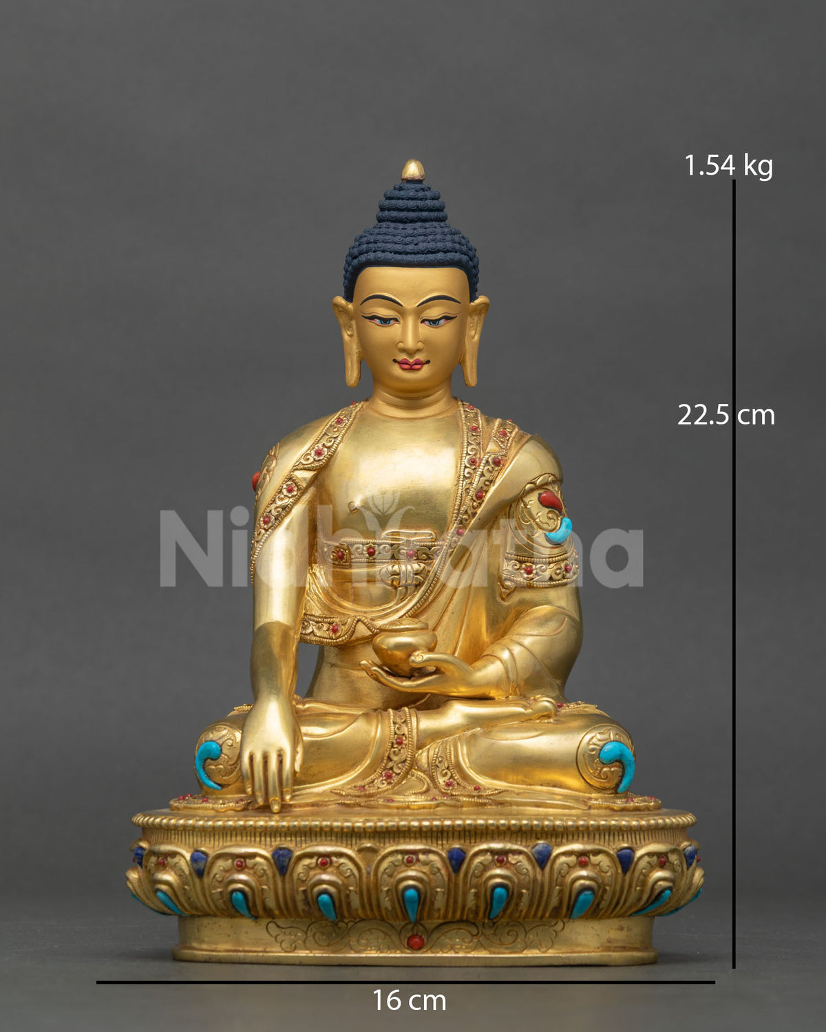 Front view of a copper Shakyamuni Buddha statue on a lotus pedestal for meditation decor.