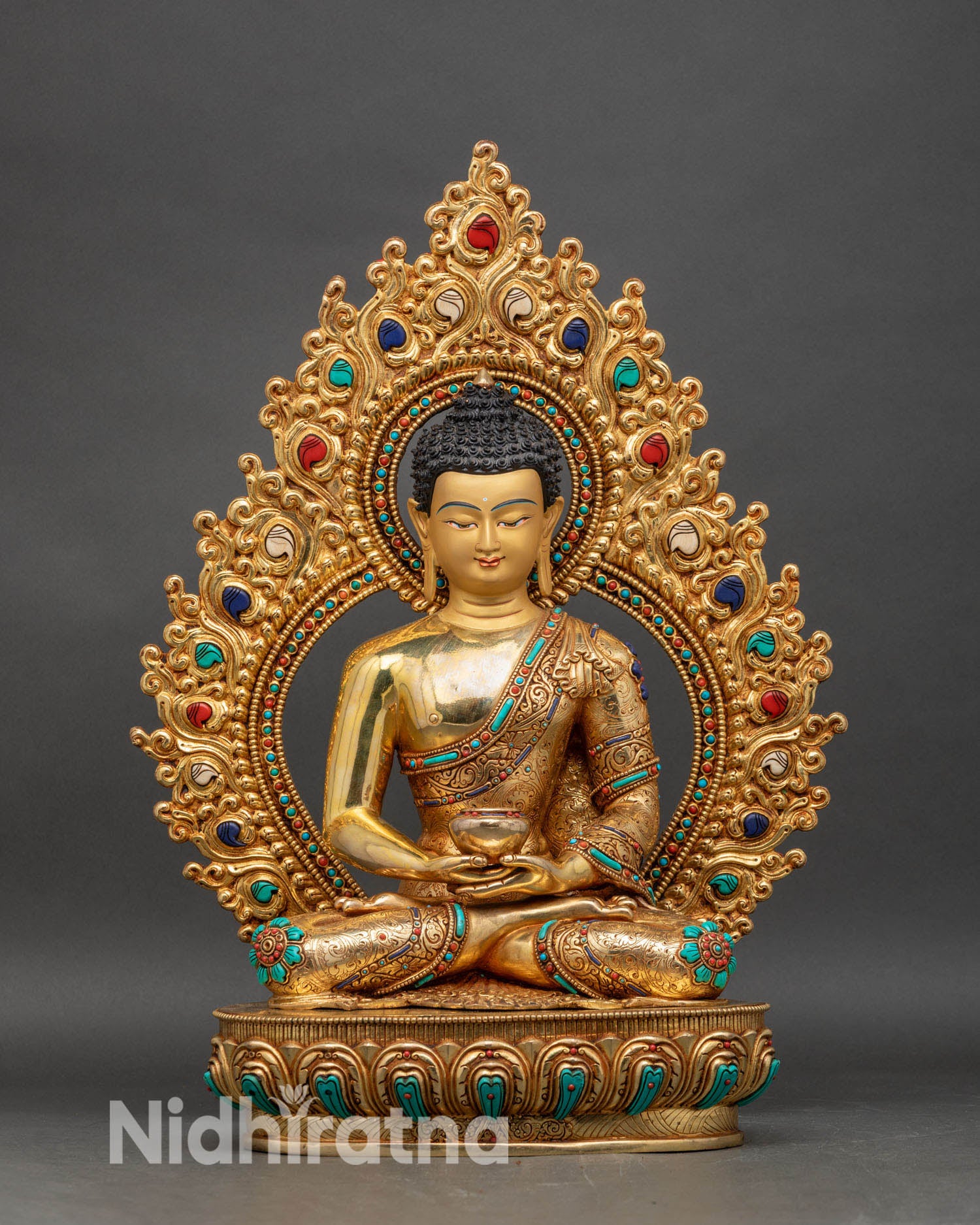 Front view of Amitabha Buddha statue, copper and 24K gold fire-gilded Nepalese art
