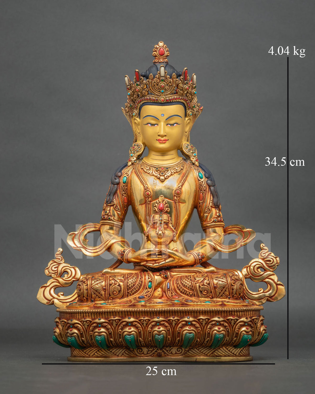 Front view of Amitayus Statue handcrafted in Patan Nepal with 24K gold fire-gilding and five-jewel crown.