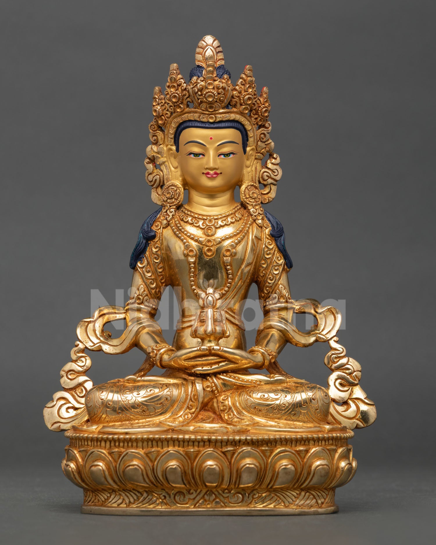 front view of amitayus statue handmade copper lost wax buddhist sculpture for altar and meditation