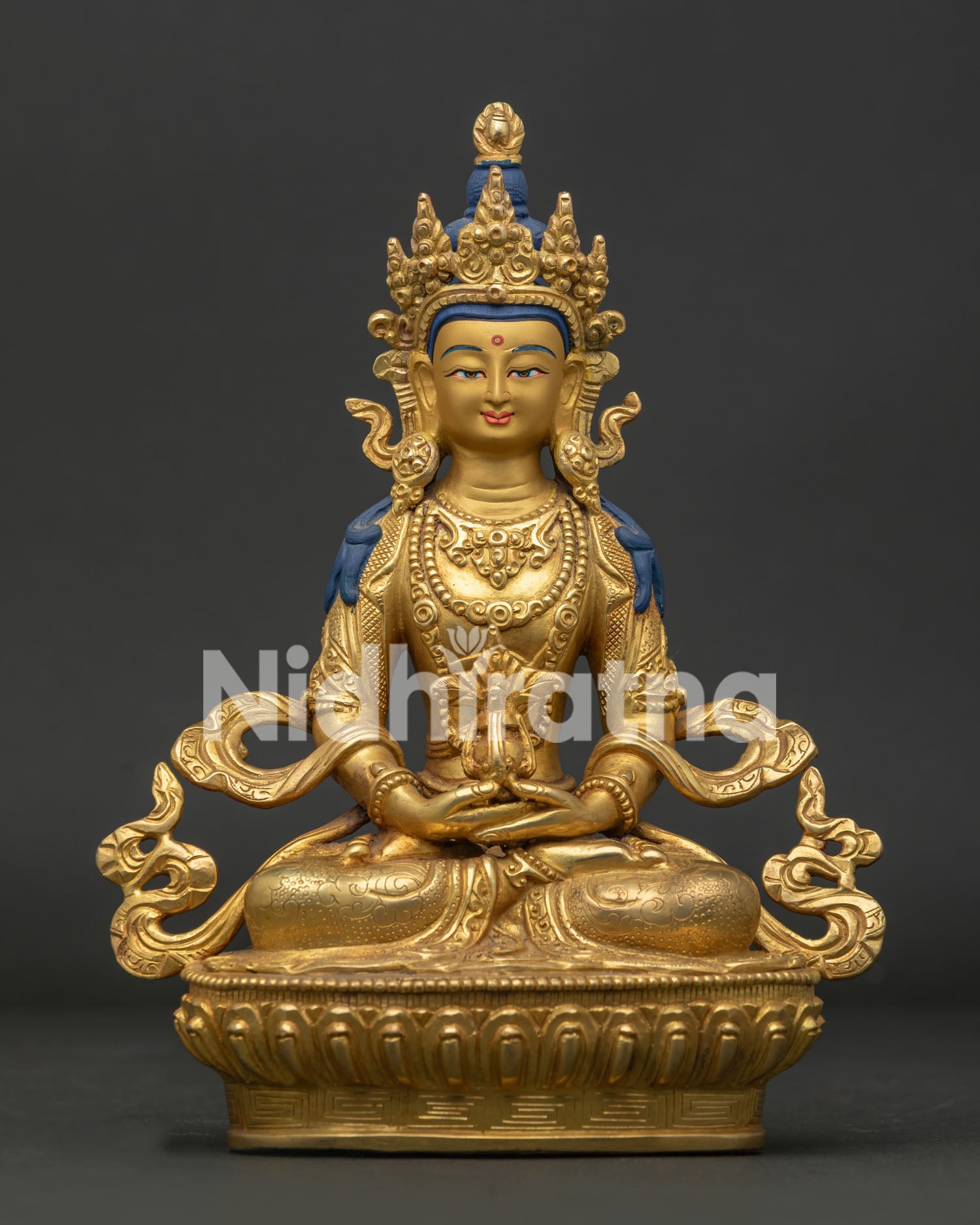 Front view of Amitayus Statue with gold fire gilded copper and gold painted face