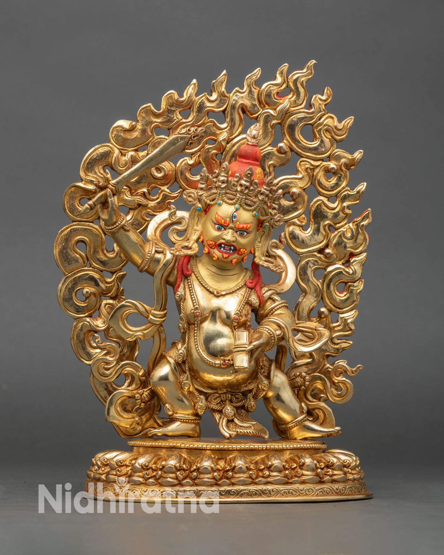 Front view of Black Manjushri statue, copper and gold fire-gilded, Kathmandu craftsmanship