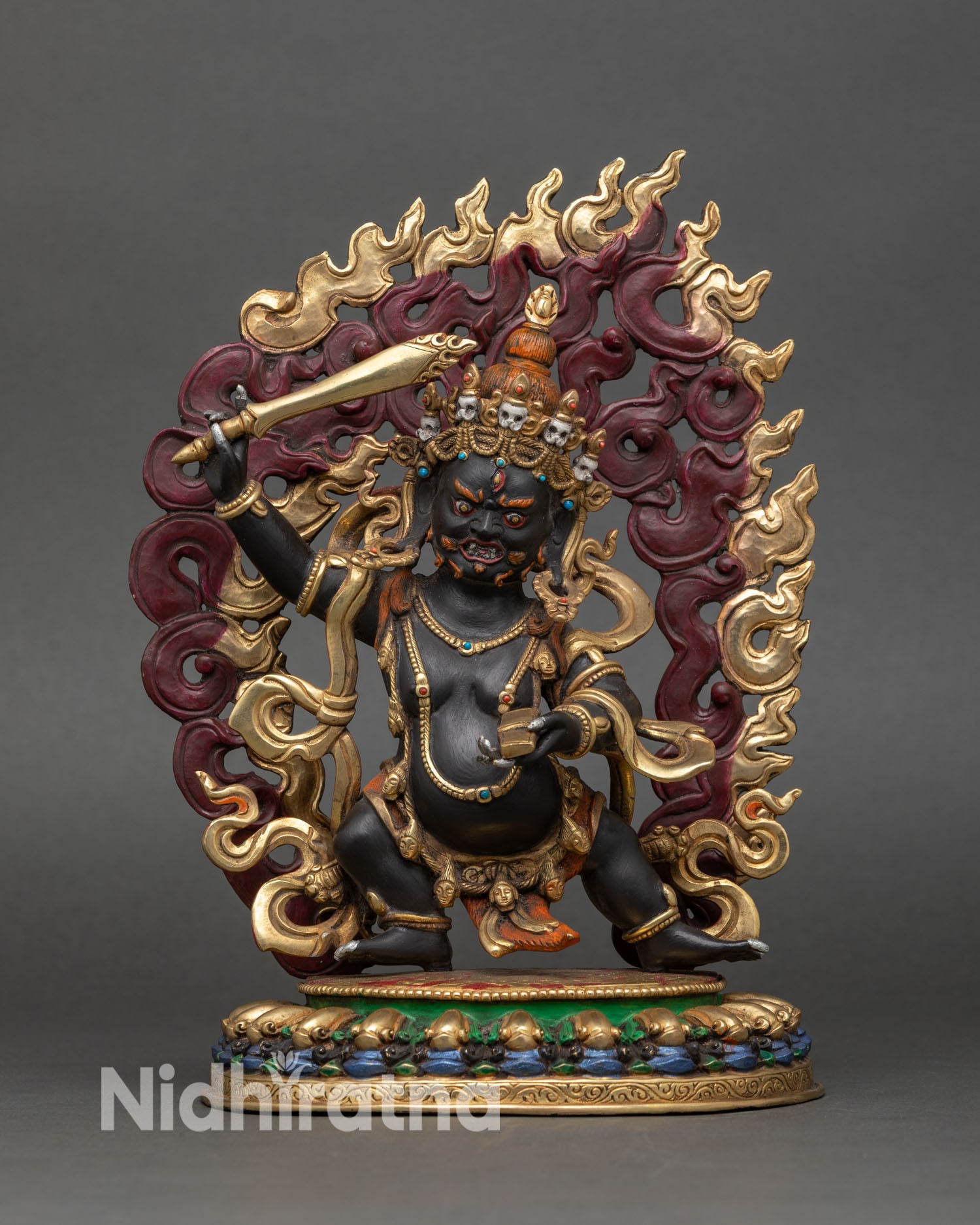 Front view of Black Manjushri Statue, handcrafted copper with gold-gilded finish