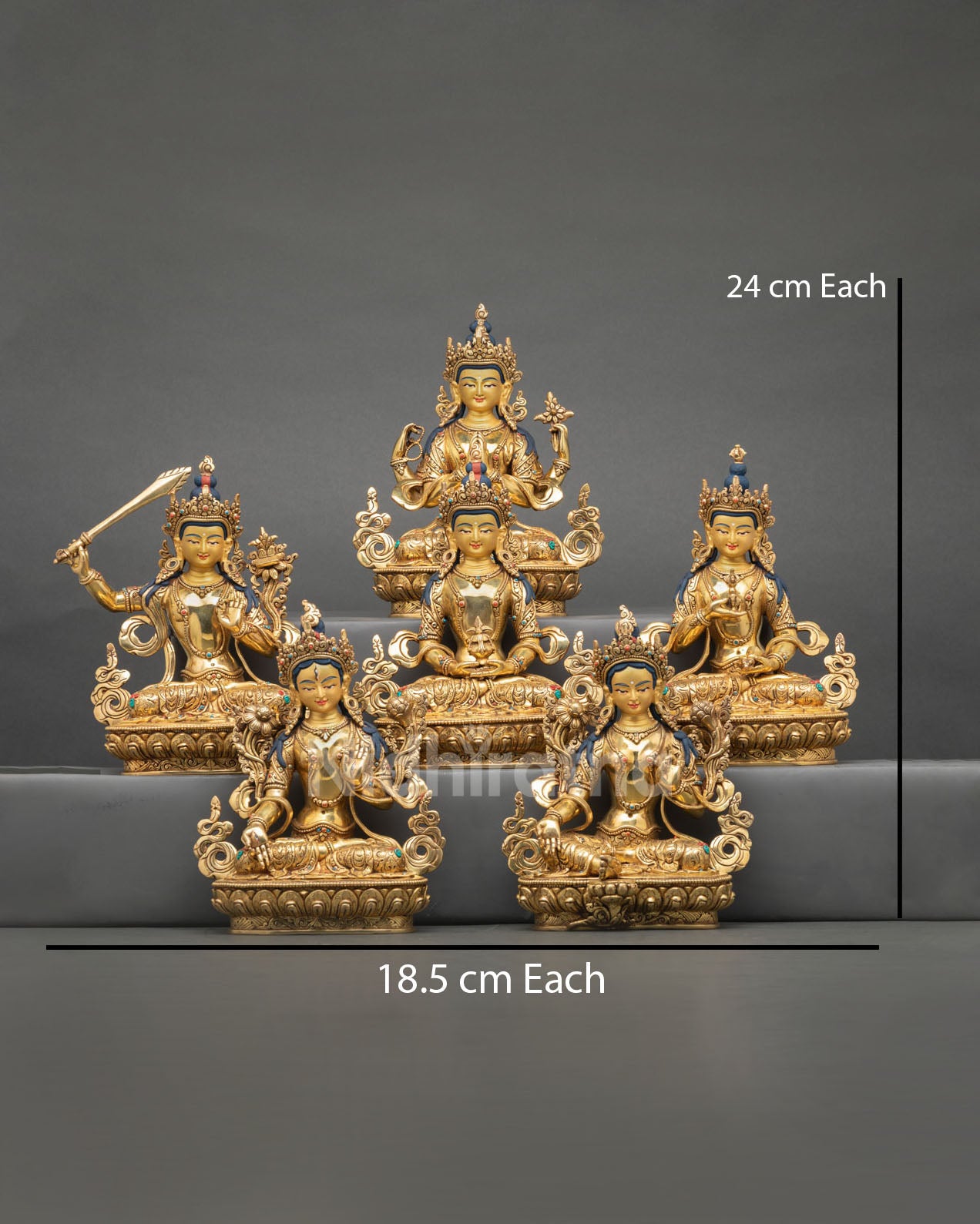 front view of bodhisattva statue set handcrafted in nepal, premium copper with 24k gold detailing for buddhist altar decor