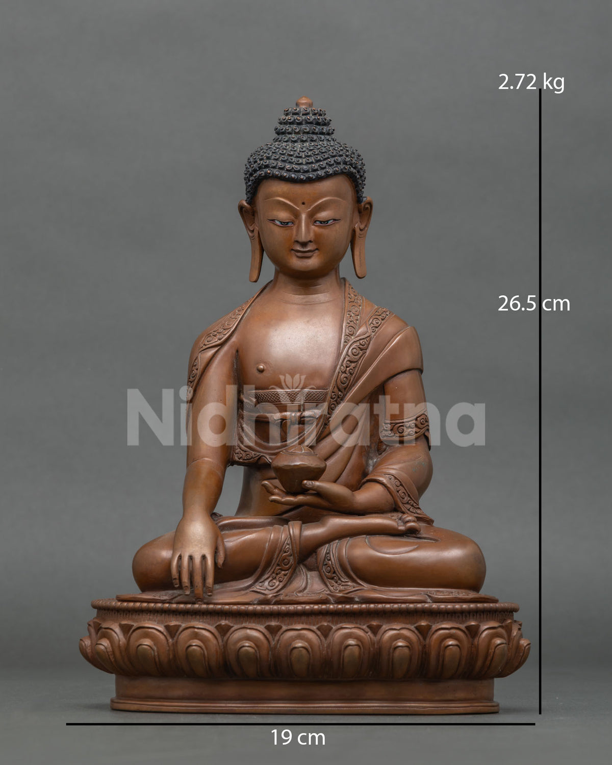Front view of brown Shakyamuni Buddha statue in oxidized copper, handcrafted in Nepal