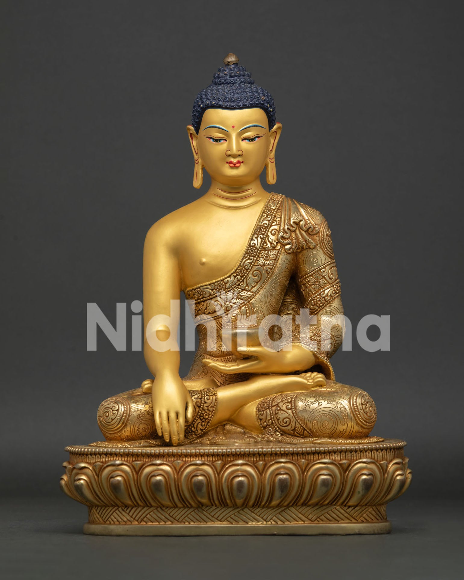 Front View of Buddha Shakyamuni Statue with Gold Fire Gilded and Gold Painted Face