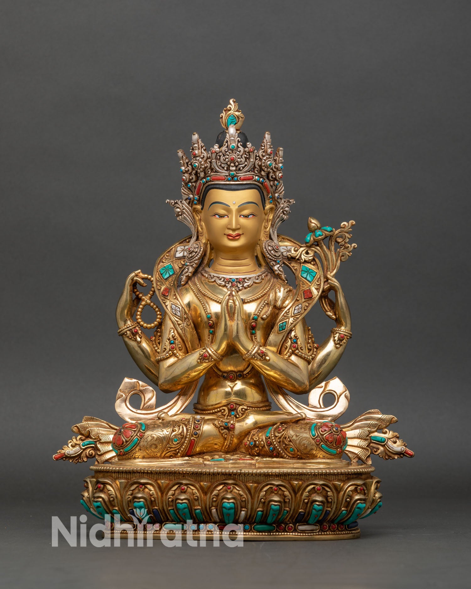 Front view of Chenrezig Statue, copper with fire-gilded gold and lotus pedestal