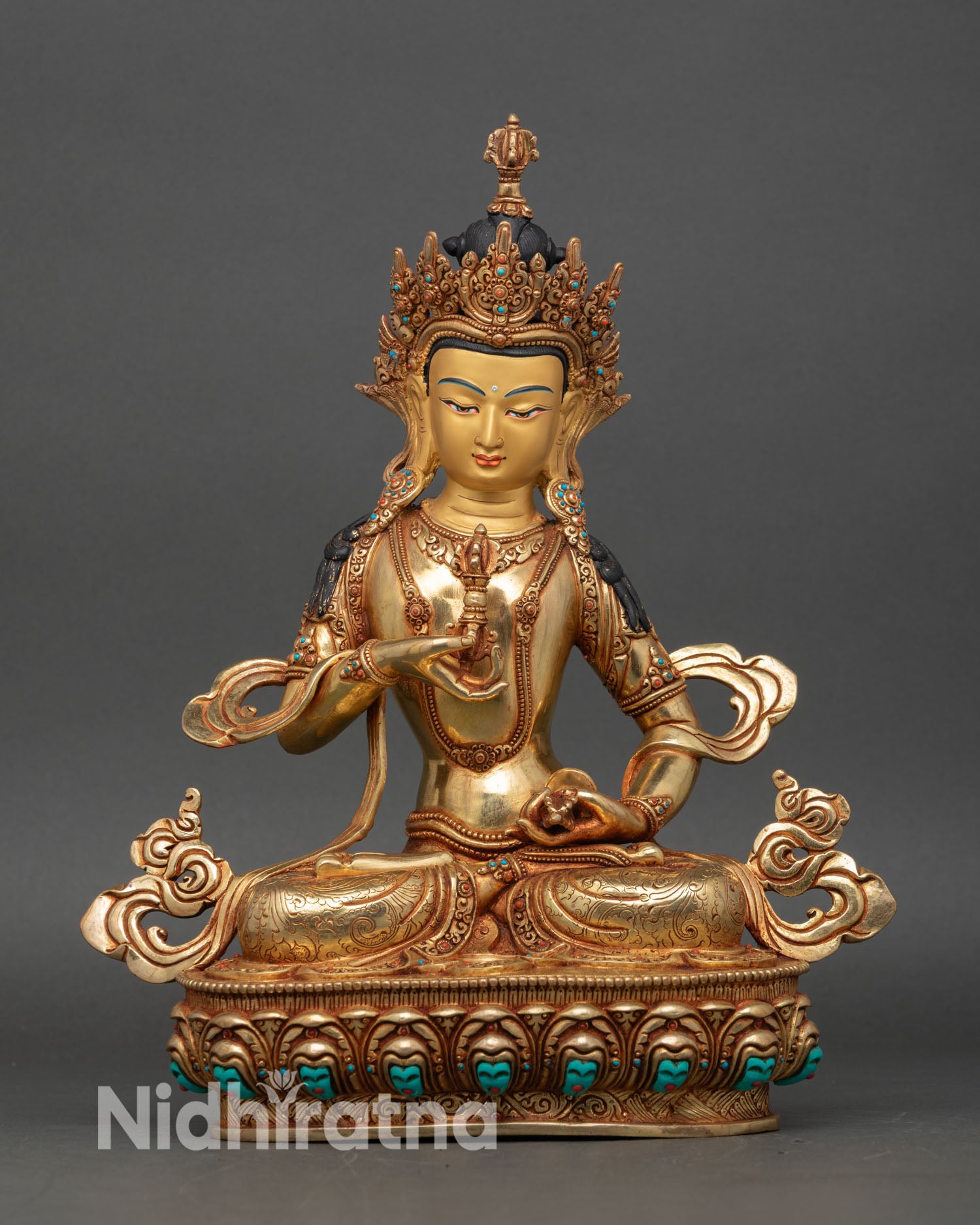 Front view of Dorje Sempa Vajrasattva statue, handcrafted copper and fire-gilded gold