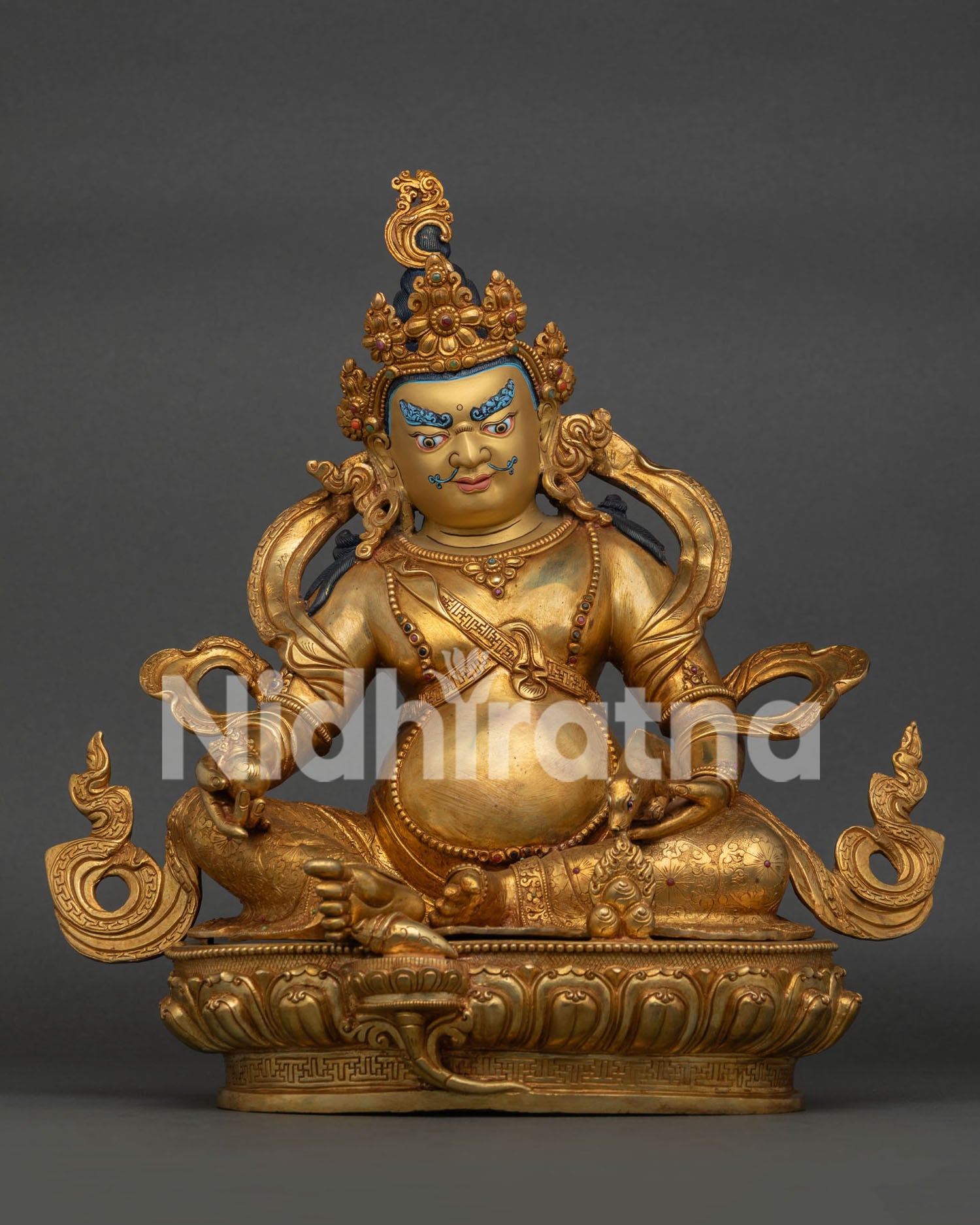 Dzambhala Statue with 24K gold fire-gilding and semi-precious stones handcrafted in