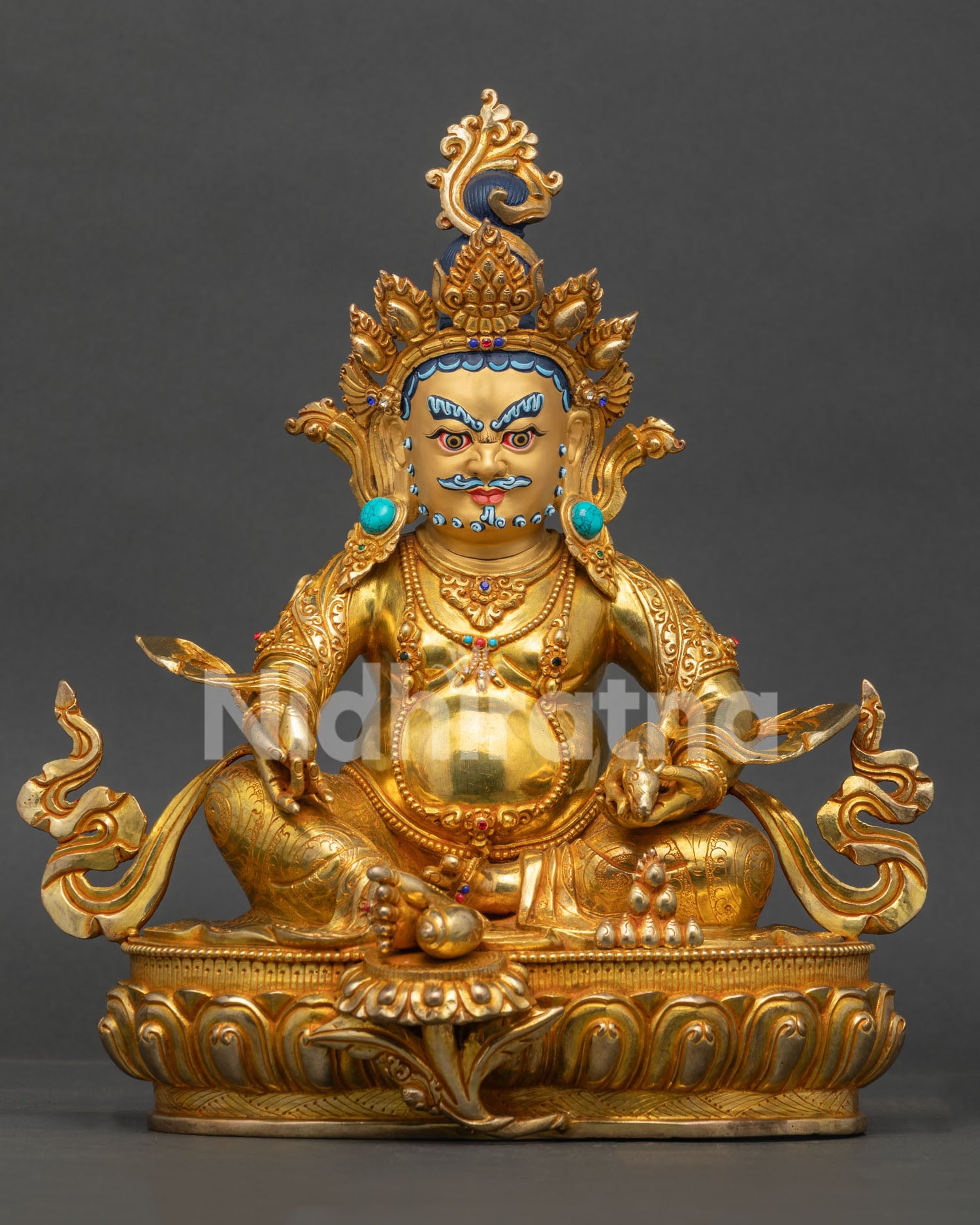 Front view of Dzambhala Statue with 24K gold fire gilding, gold-painted face, semi-precious stones, handcrafted in Nepal