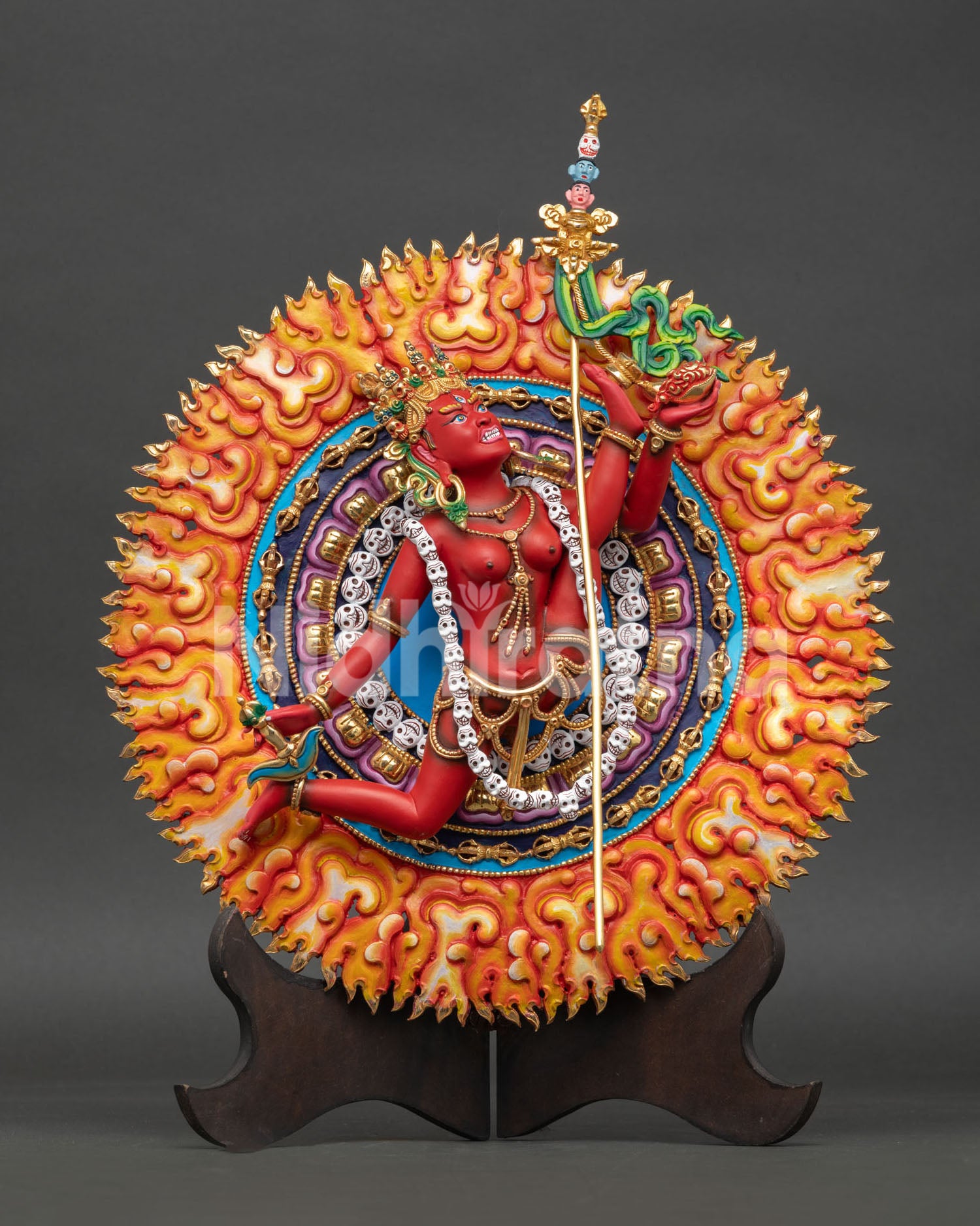 Front view of Flying Vajrayogini Statue showing dynamic dakini posture, intricate ornaments, and spiritual symbolism