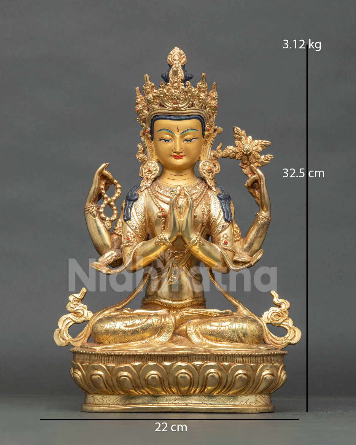 Front view of four-armed Chenrezig statue from Nepal with gold fire-gilded finish and prayer hands