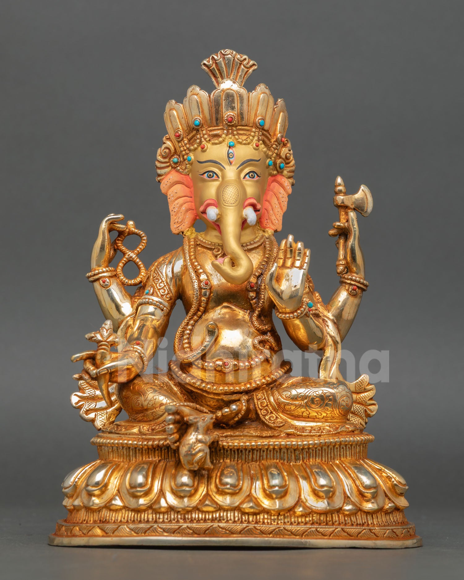 front view of ganesha statue with 24k gold fire gilding and lotus throne