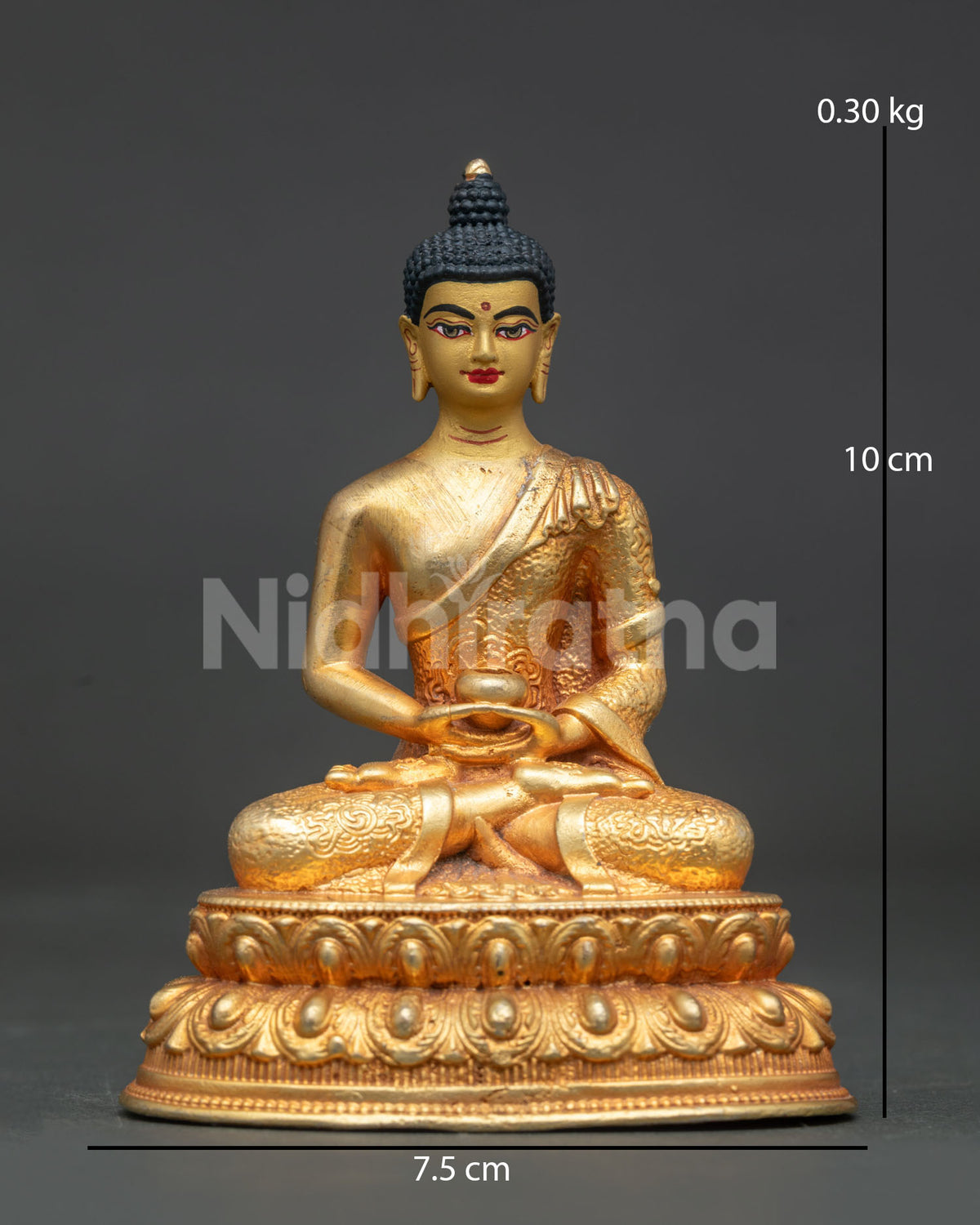 Front view of gold fire gilded amitabha buddha statue with gold painted face and double lotus pedestal.