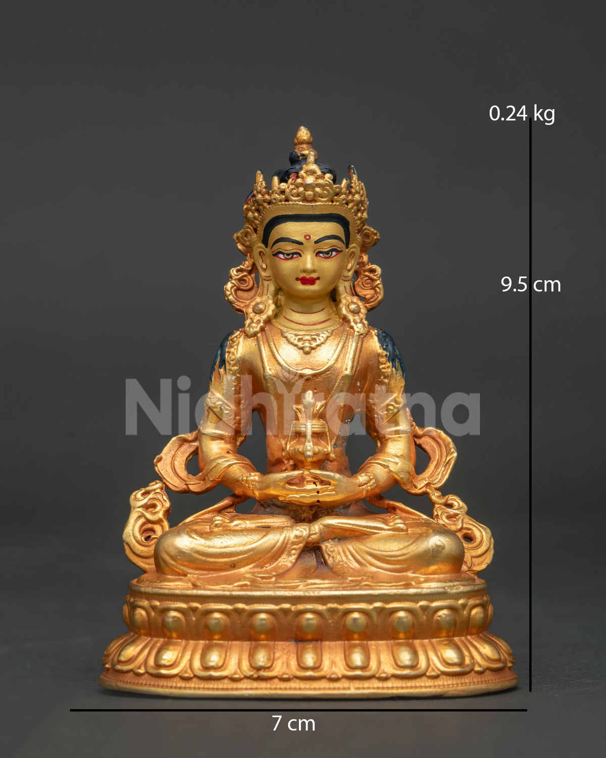 Front view of gold fire gilded Amitayus Buddha statue on handcarved double lotus pedestal.