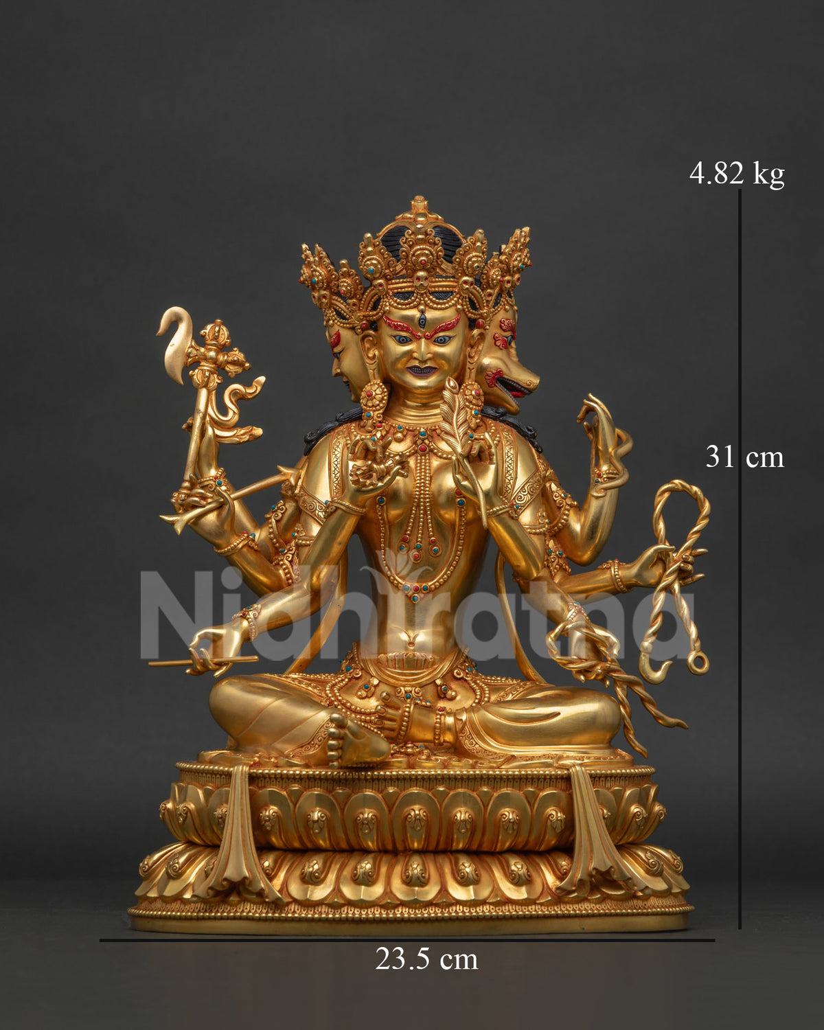 Front view of gold fire-gilded Marichi statue Luoyang, Goddess of Dawn, handcrafted Buddhist art