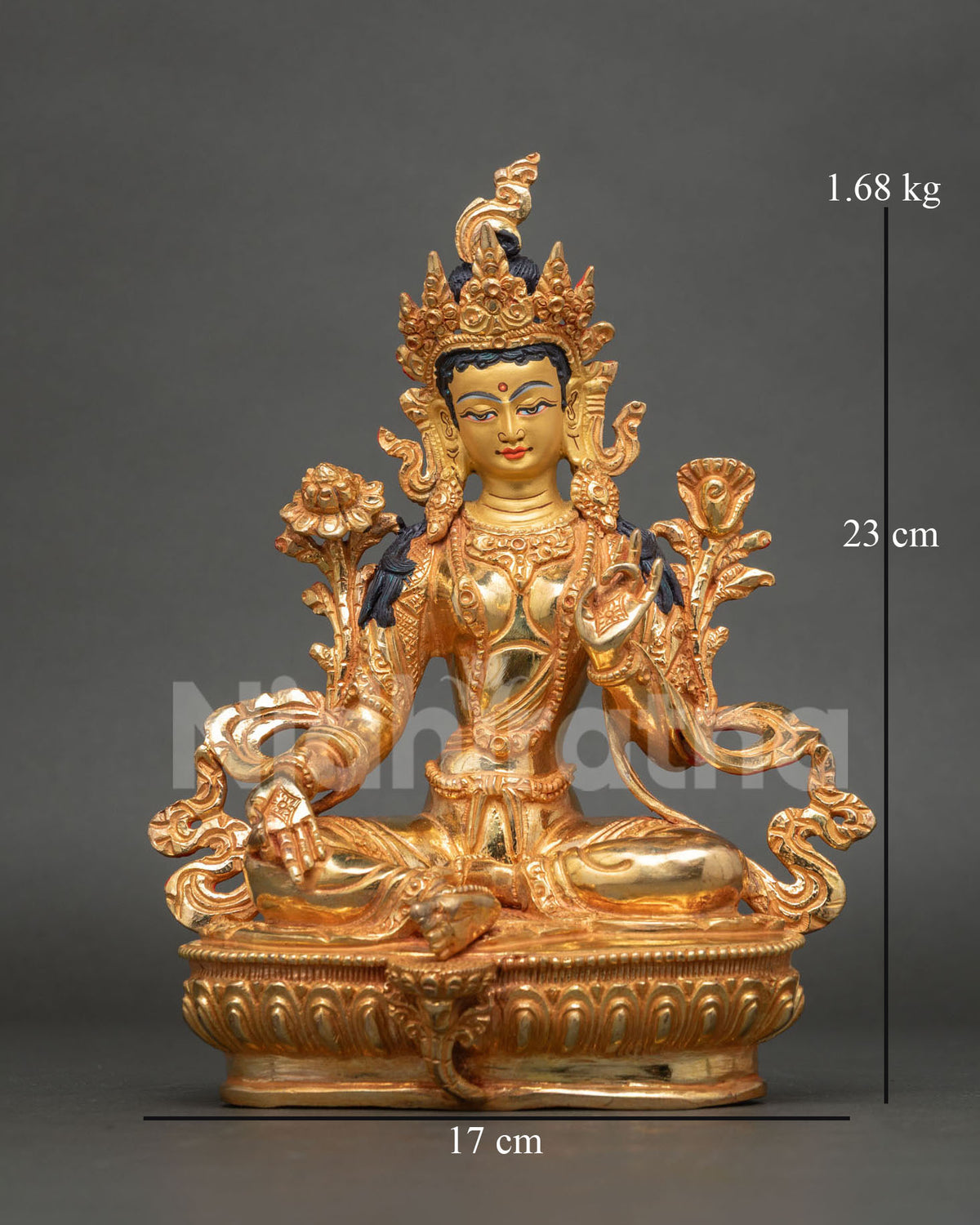 Front view of gold-gilded Green Tara statue on lotus base, handmade copper from Nepal