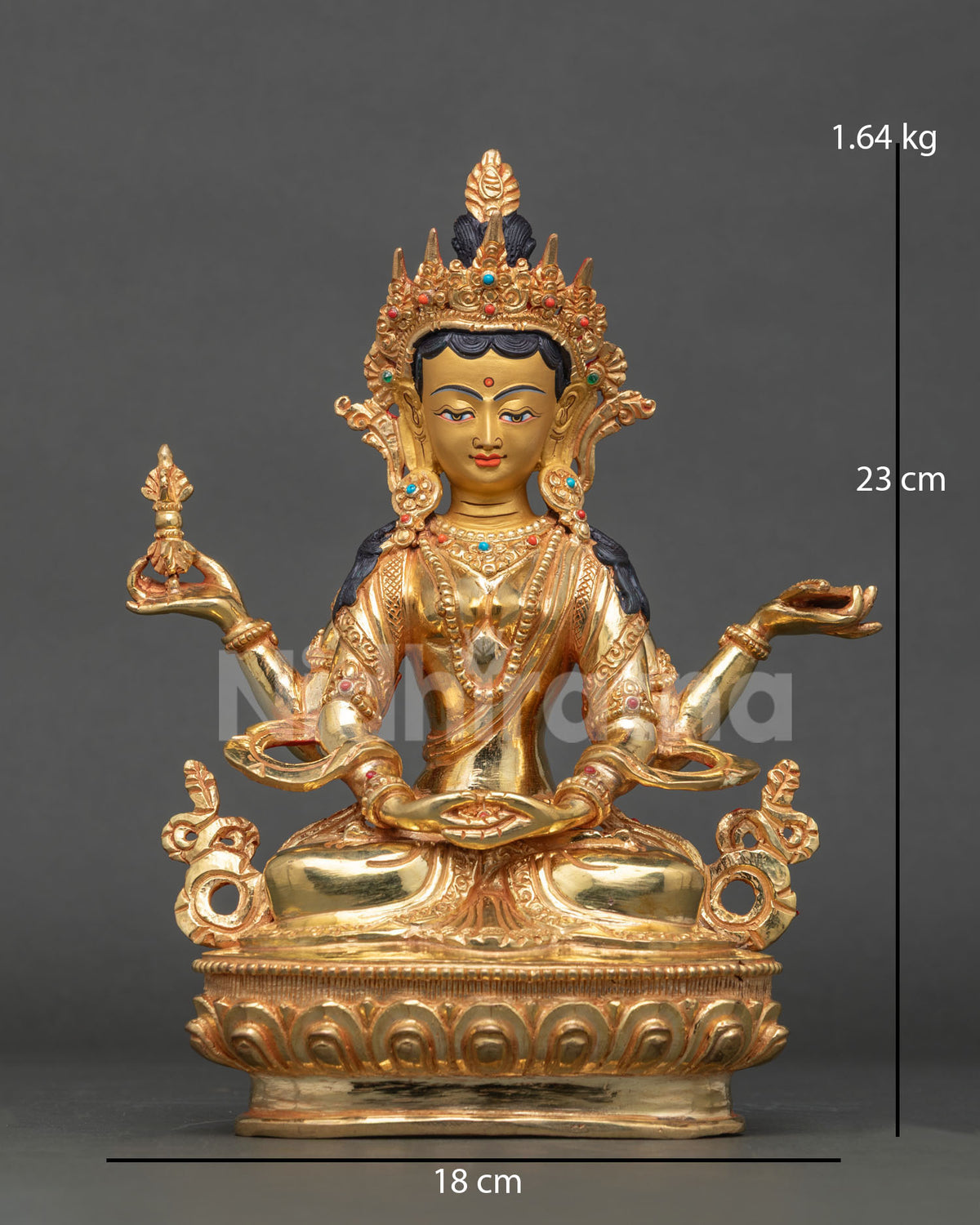 Front view of gold Prajnaparamita statue with four arms, seated on lotus base, Nepal Buddhist art