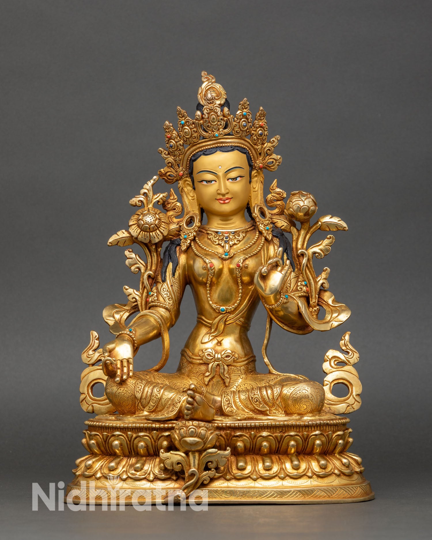 front view of green tara sgrol ljang statue handcrafted copper and gold buddhist art