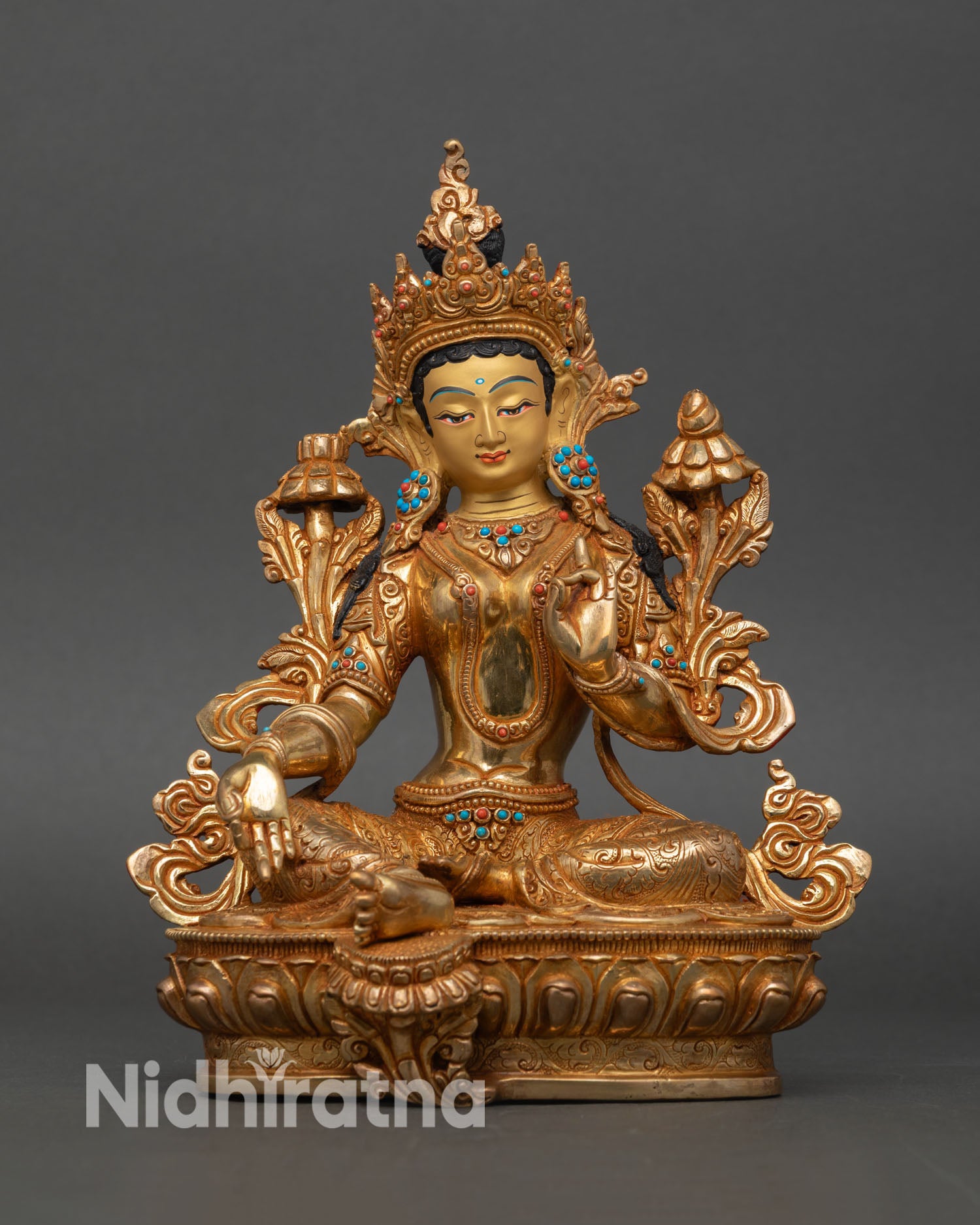 Front view of Green Tara statue copper 24K gold turquoise coral lotus pedestal