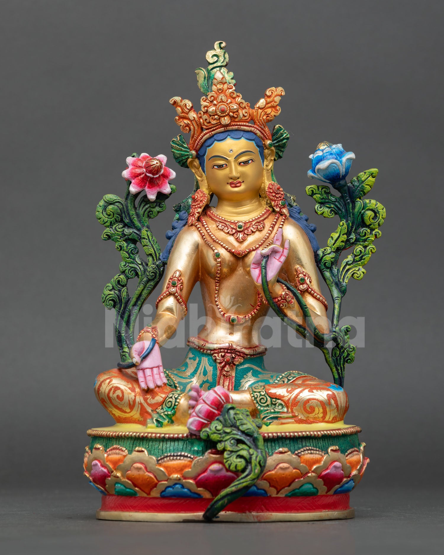 front view of green tara statue, handcrafted copper buddhist goddess sculpture from nepal