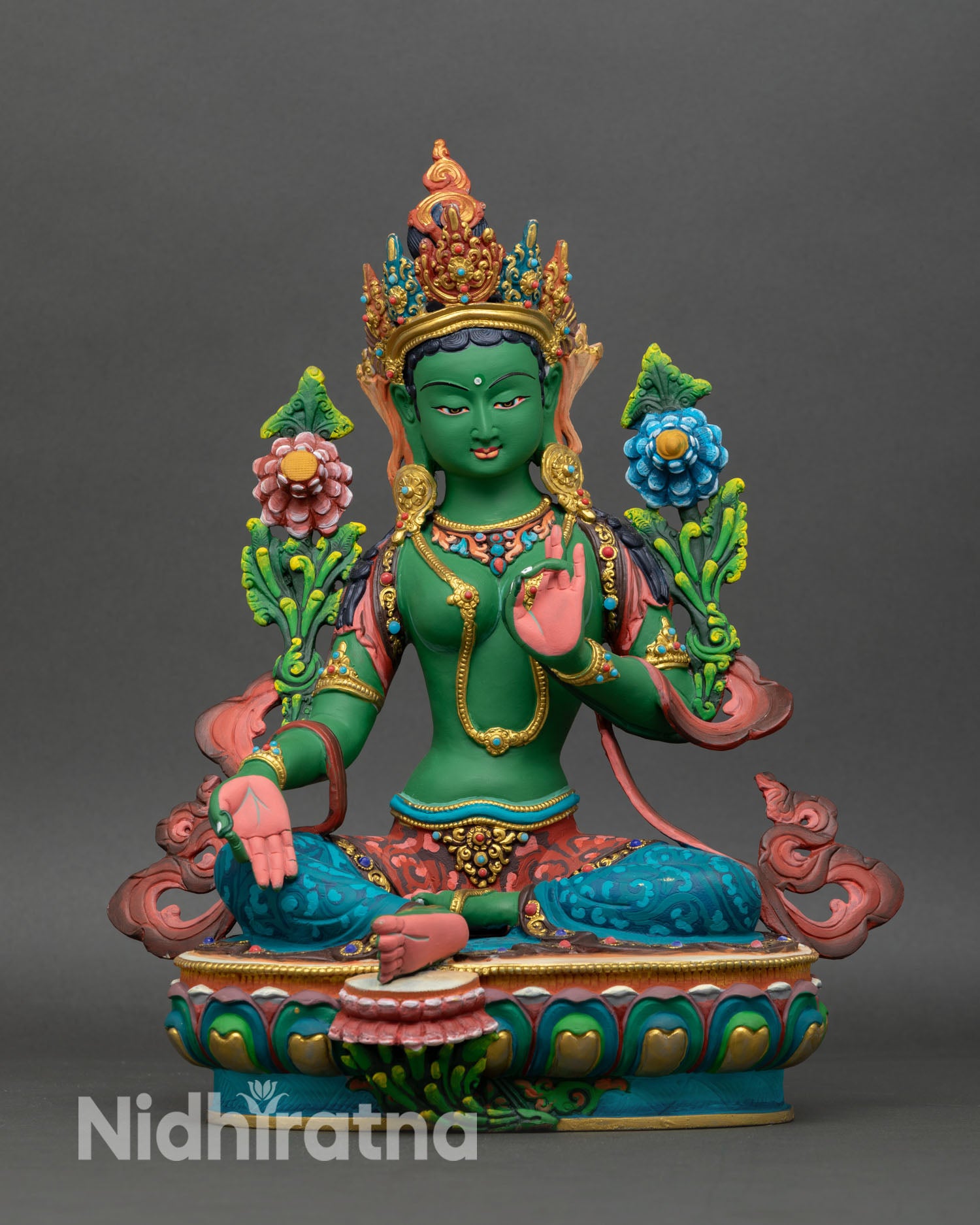 Front view of Green Tara statue handcrafted in Nepal, copper sculpture with hand painted acrylic colors