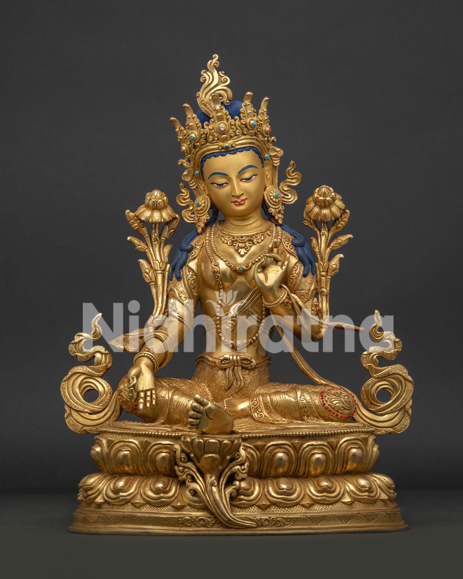 Front view of Green Tara Statue Jetsun Dolma handcrafted Nepalese Buddhist sculpture