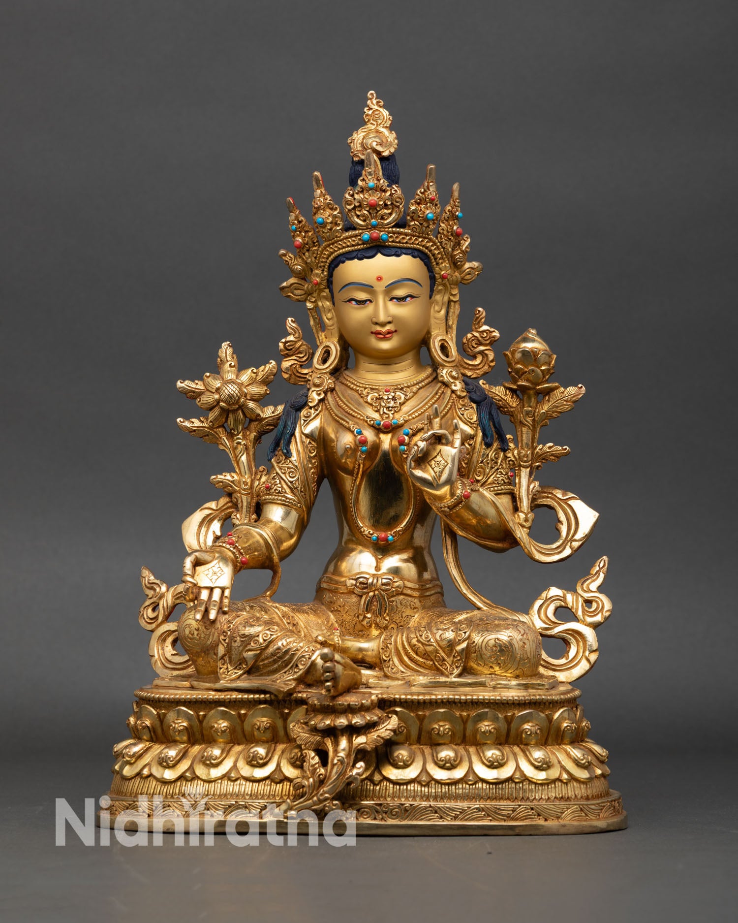 Front view of Green Tara statue Mother of Liberation copper gold semi precious
