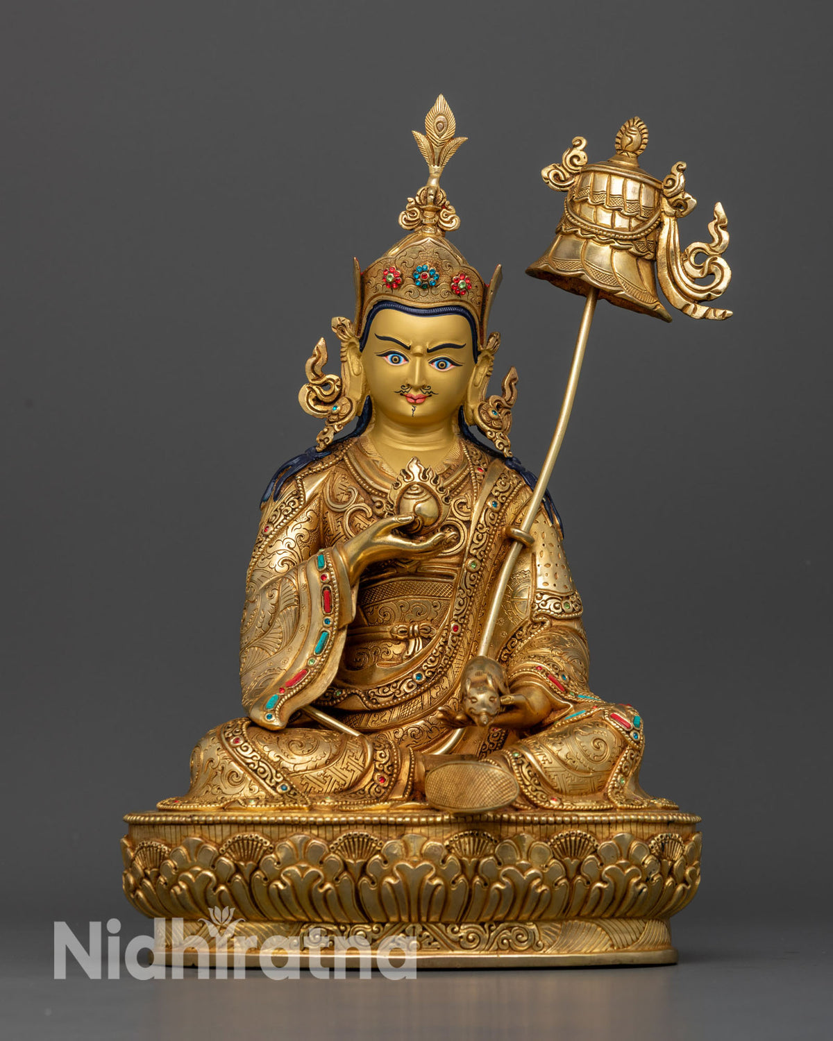 Front view of Guru Orgyen Norlha statue handcrafted by Newari artisans from Patan, Nepal