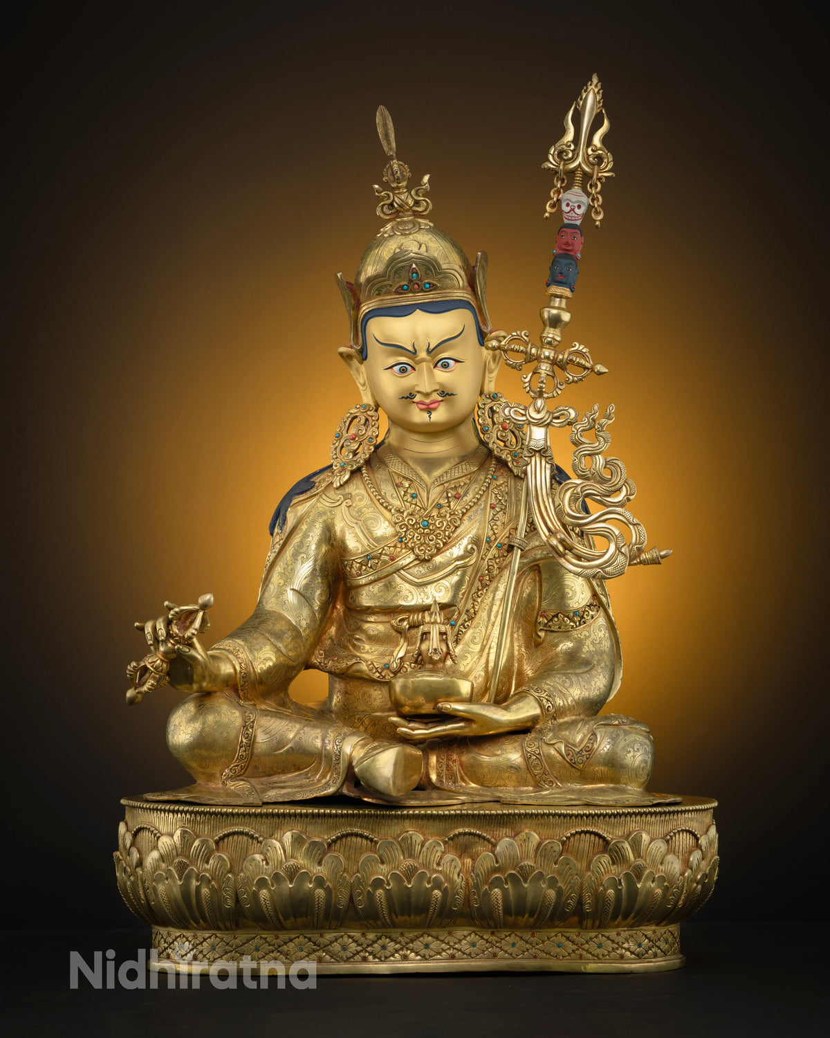 Front view of Guru Rinpoche statue, 24K gold fire-gilded Newari copper sculpture from Nepal