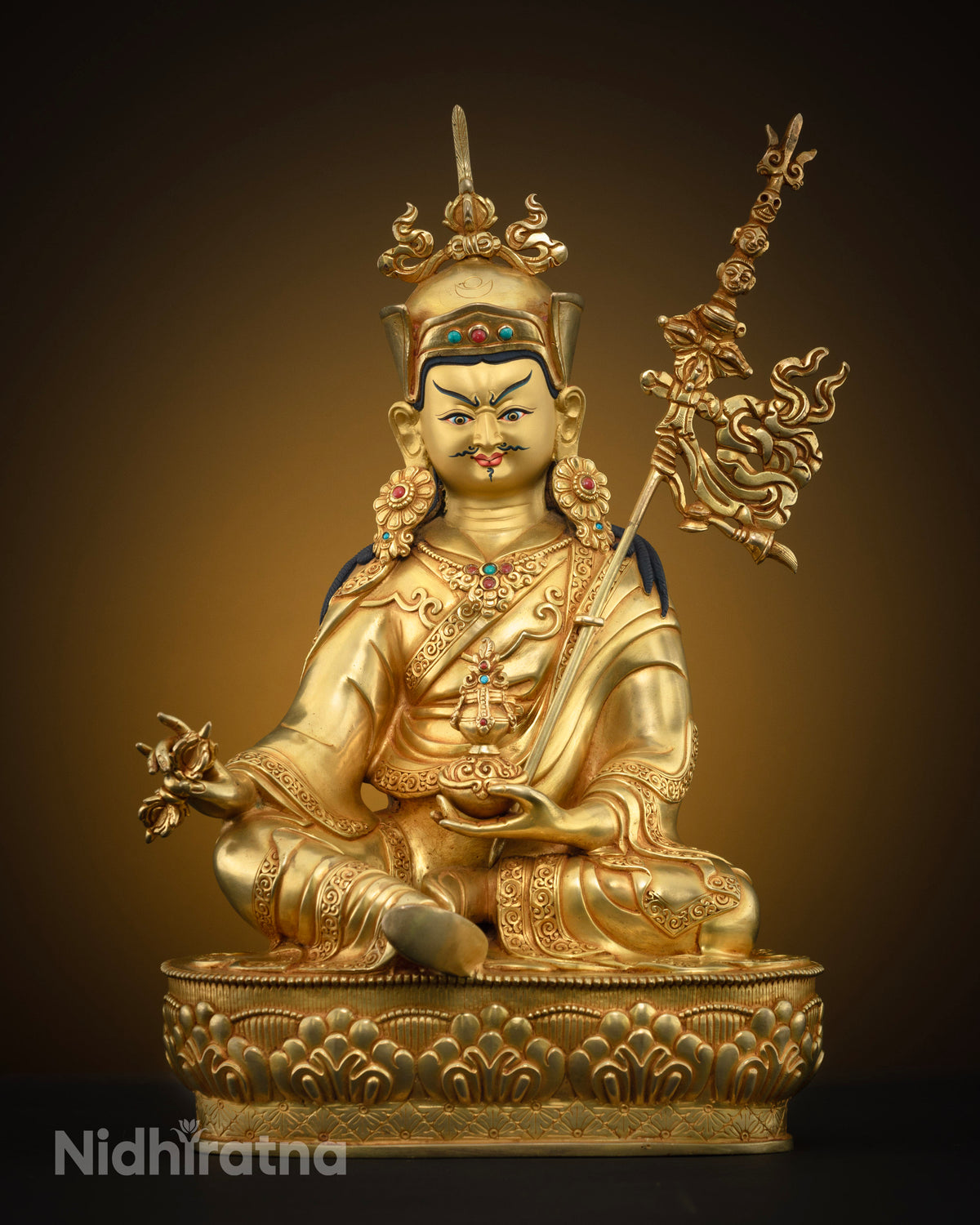 Front view of Guru Rinpoche statue, 24K gold fire-gilded Vajrayana Buddhist sculpture from Nepal