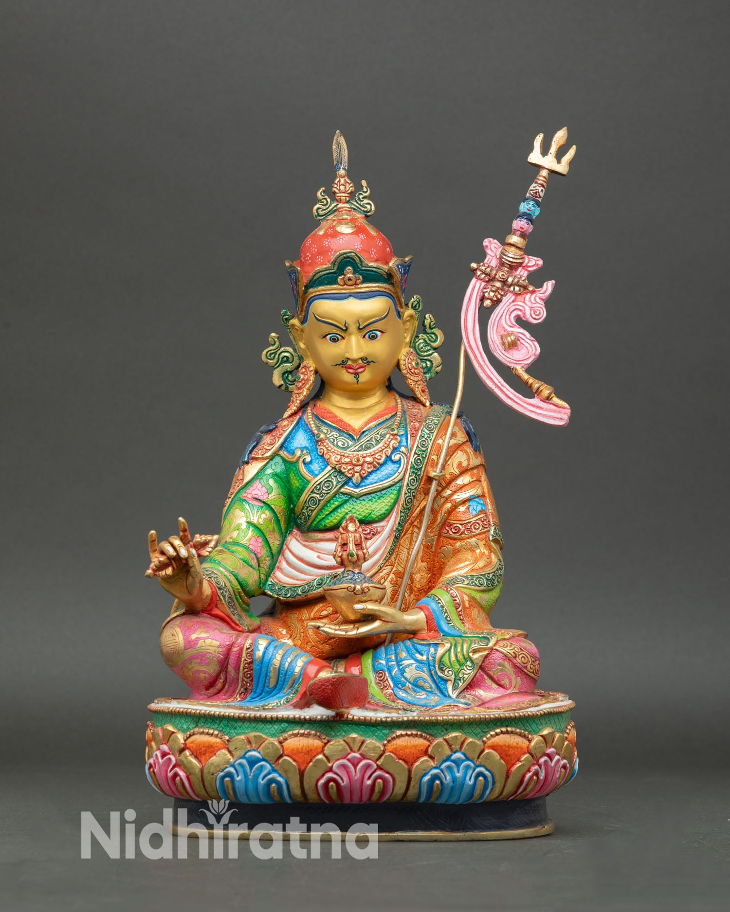 Front view of Guru Rinpoche statue handcrafted in Nepal lost wax copper sculpture with gold painted face and Lotus Hat