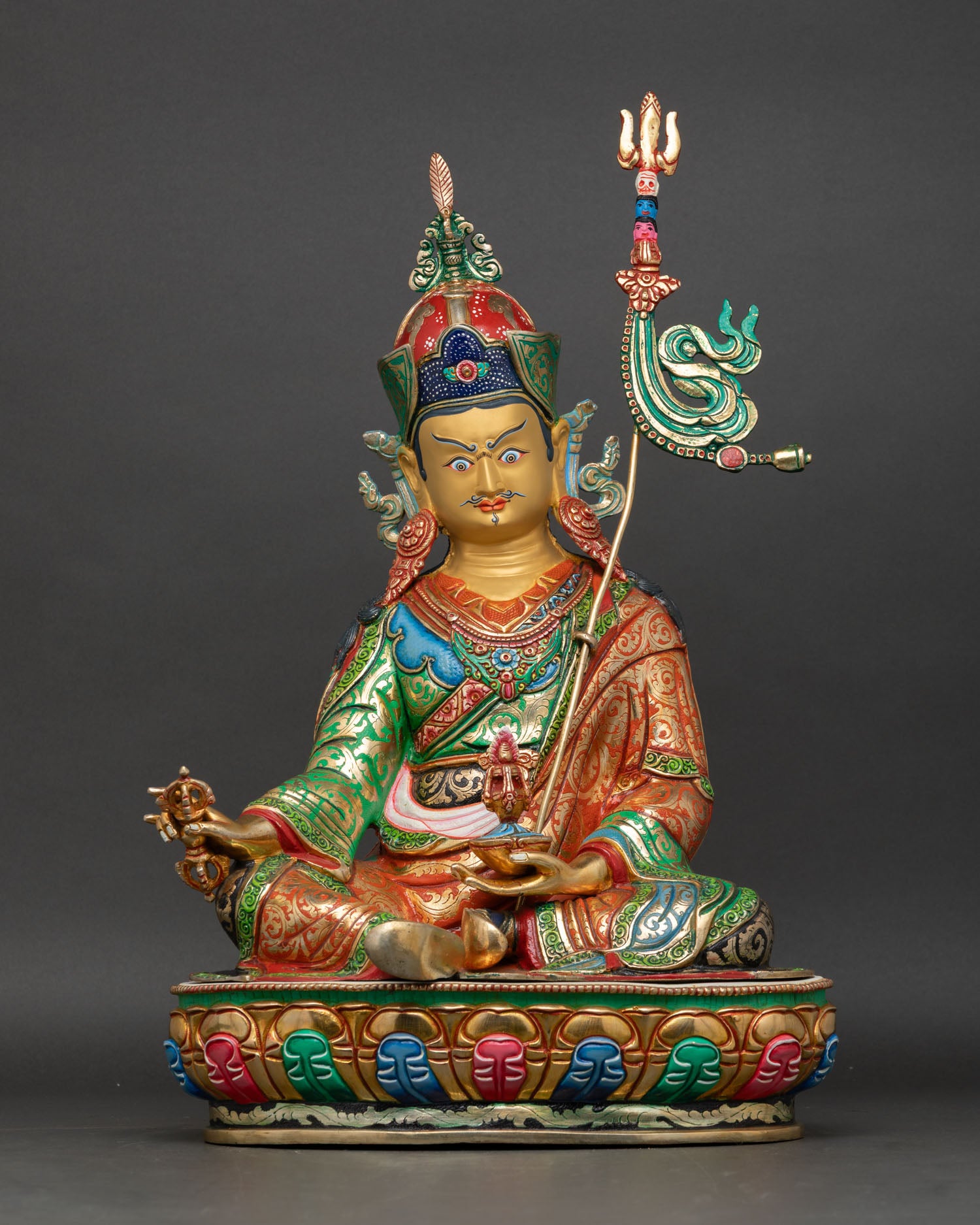 Front view of Guru Rinpoche statue, Padmasambhava copper sculpture with 24K gold gilded finish Nepal