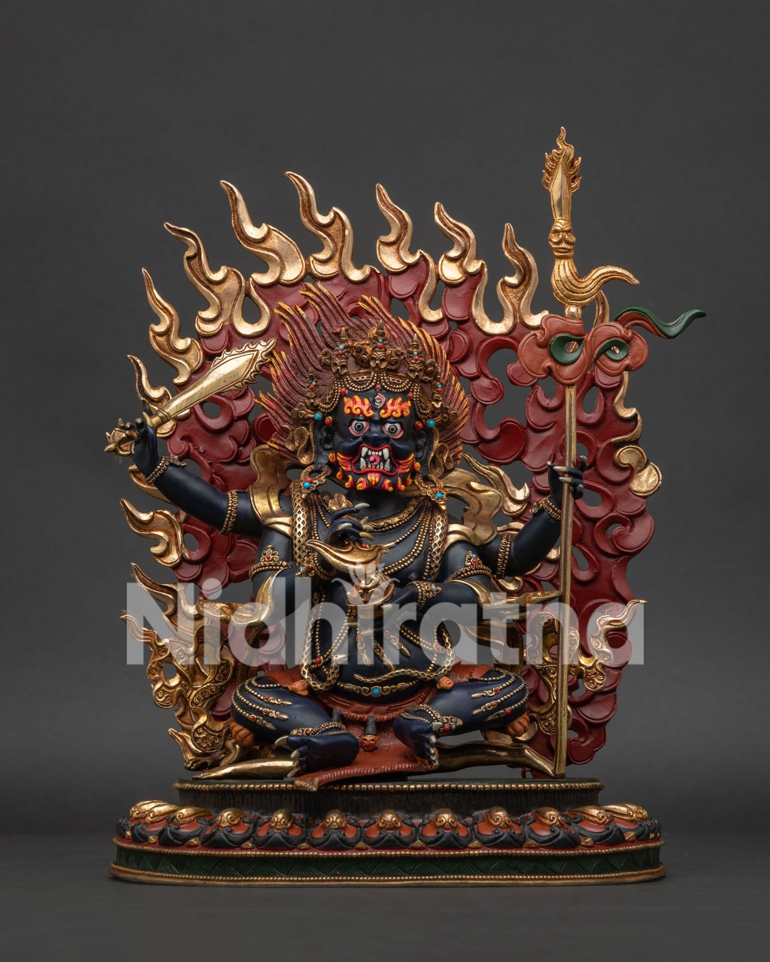 Four-Armed Mahakala Statue Front View, Gold-Gilded Copper Tibetan Guardian Sculpture