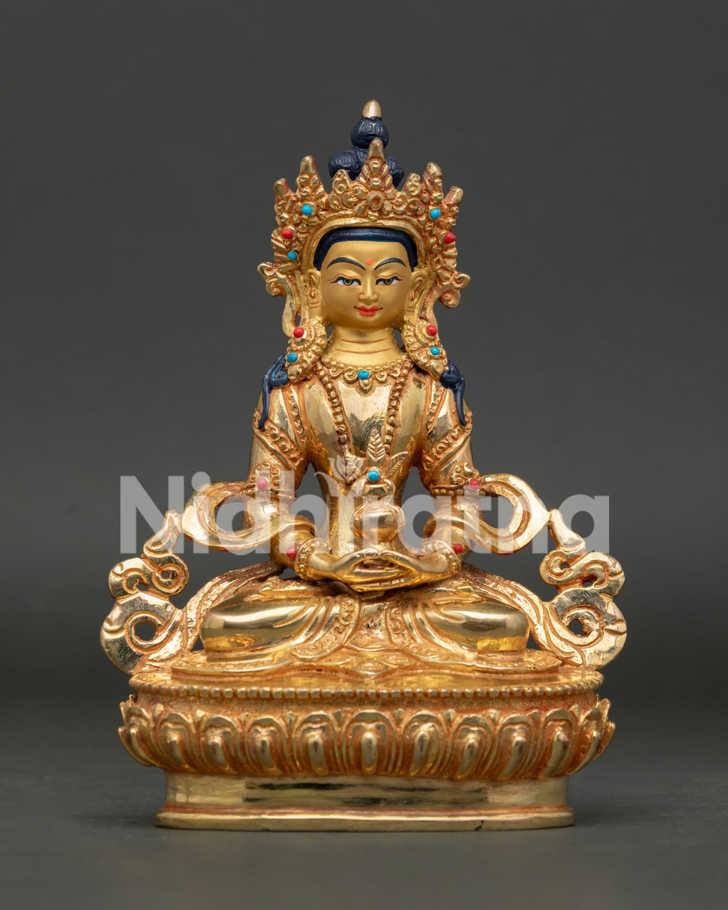 Front View of Handcrafted Amitayus Statue in Gold Gilded Copper with Semi Precious Stones