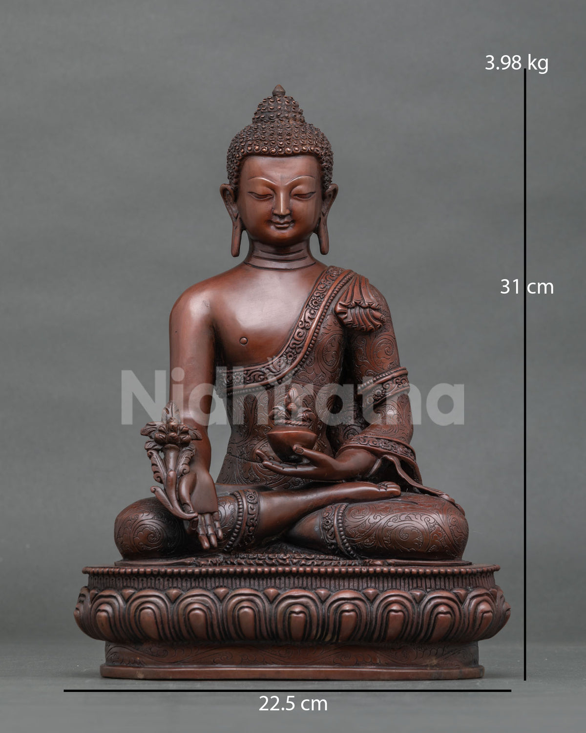 Front view of handcrafted copper Bhaisajyaguru Medicine Buddha statue with brown patina