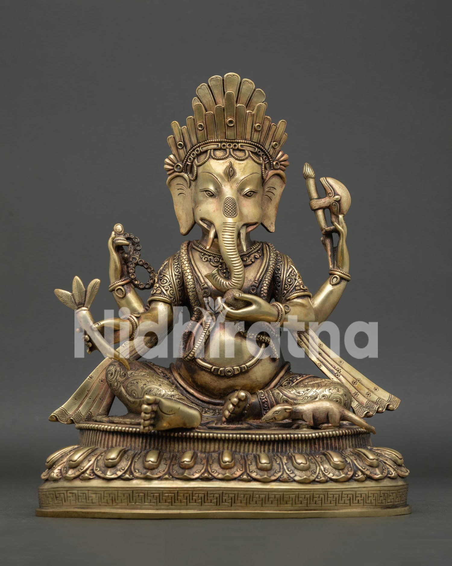 Front view of handcrafted copper Ganesh statue, lost-wax cast Hindu deity sculpture from Nepal