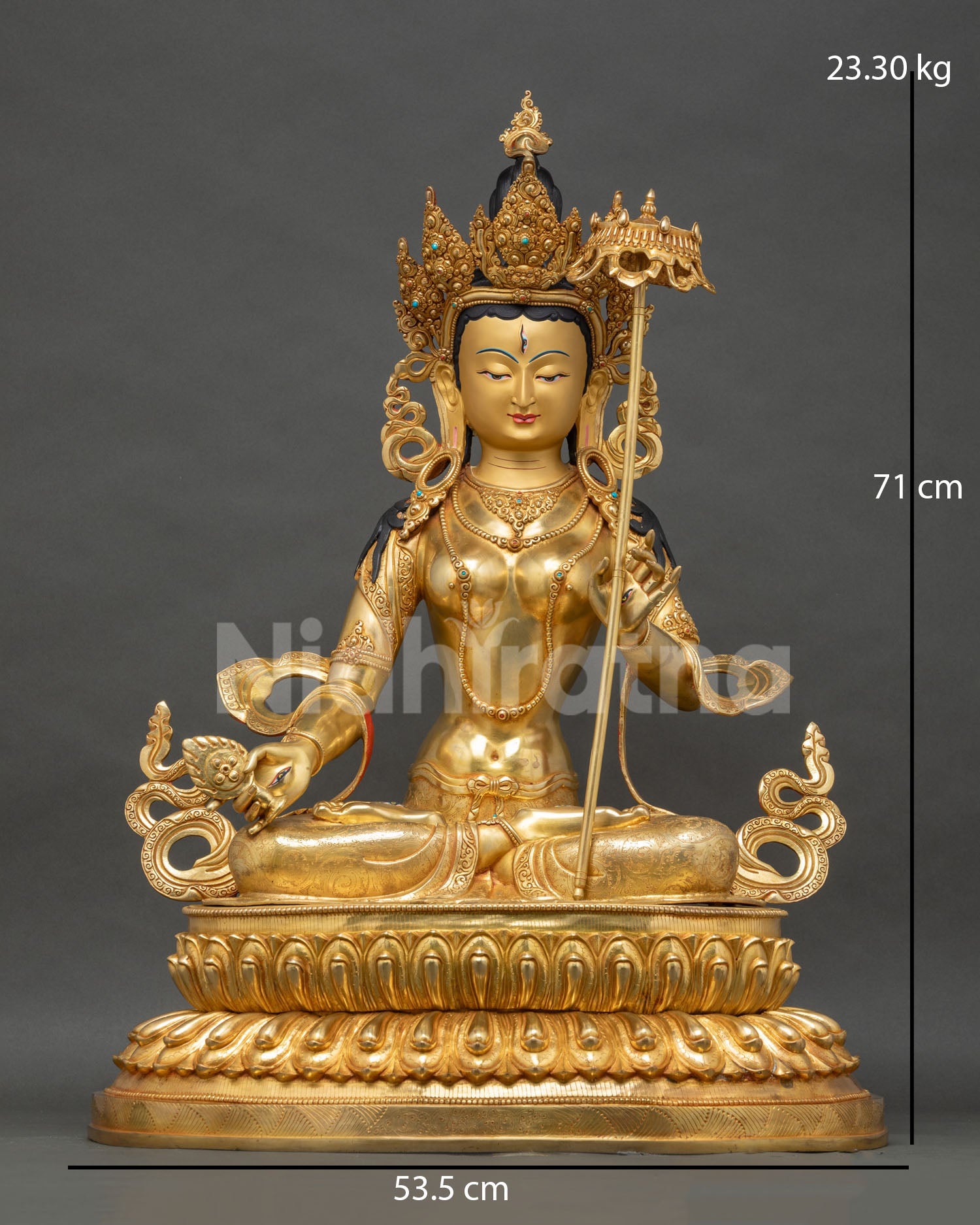 Front view of handcrafted Dukar Sitatapatra statue, 24K gold gilded copper, Nepal