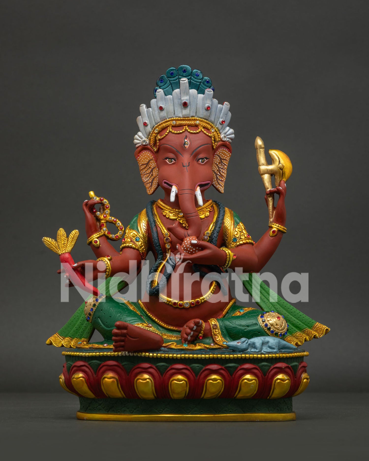 Front View of Handcrafted Ganesh Statue with Hand Painted Acrylic Colors and Gold Details