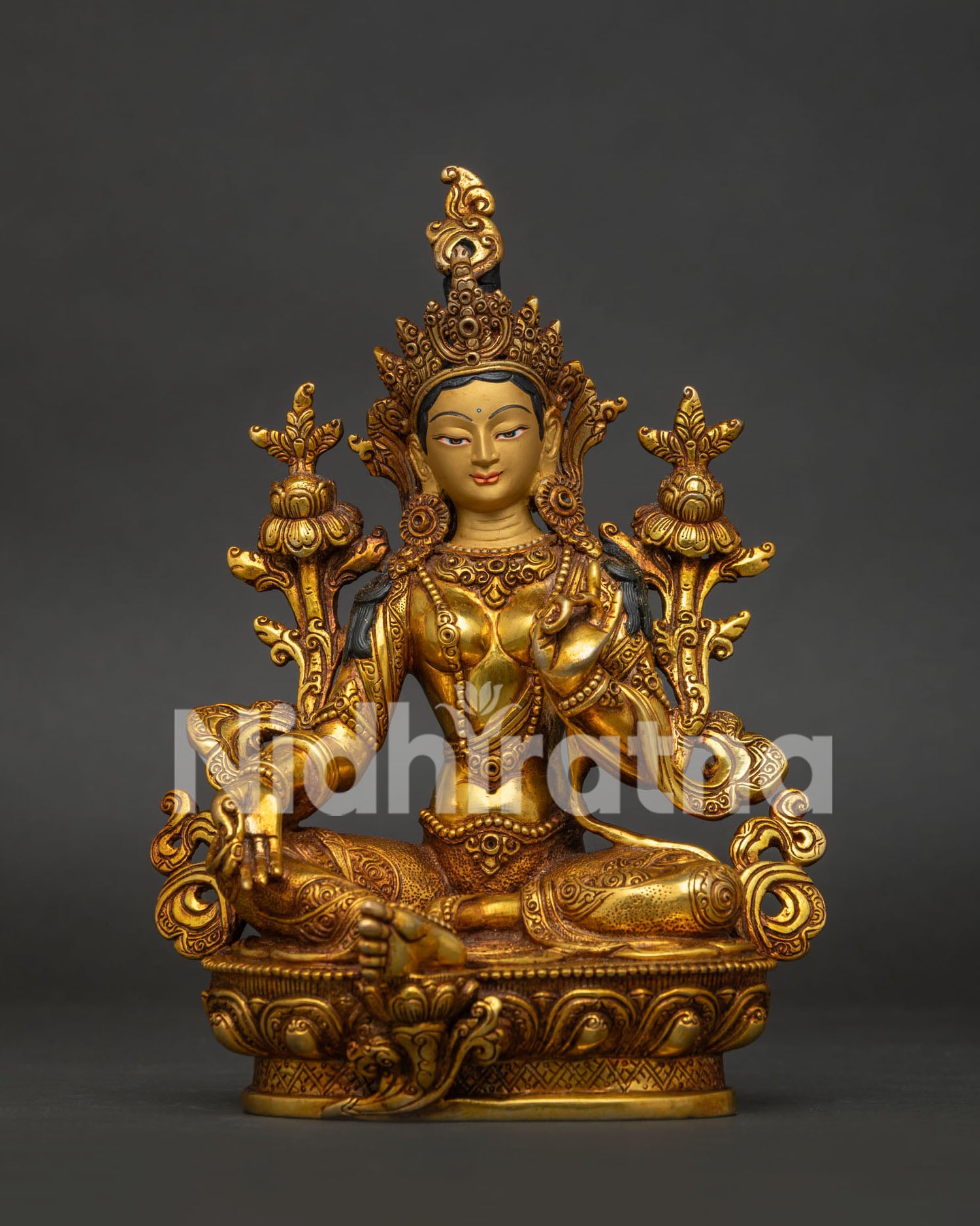 Front View of Handcrafted Green Tara Statue with 24K Gold Fire Gilding