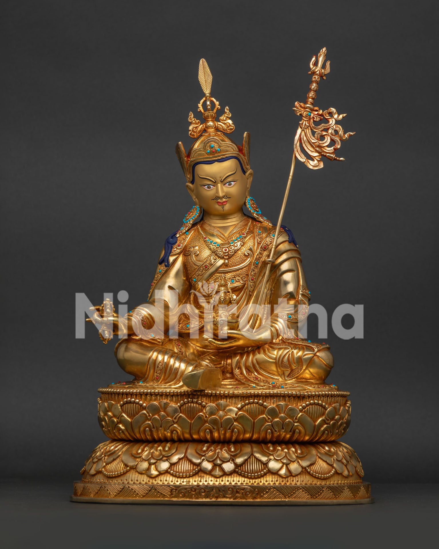 Front view of handcrafted Guru Rinpoche Statue with 24K gold fire gilding and double lotus pedestal