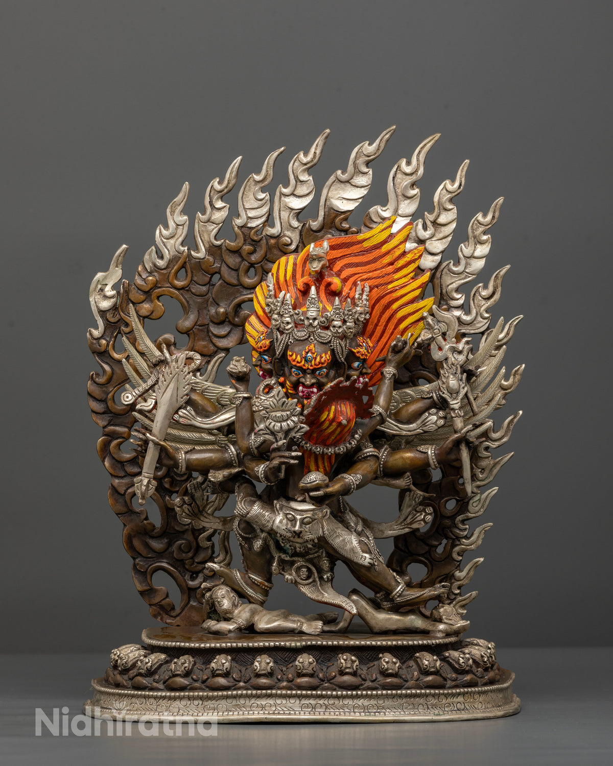 Front view of handcrafted Hayagriva and Consort statue with oxidized copper finish