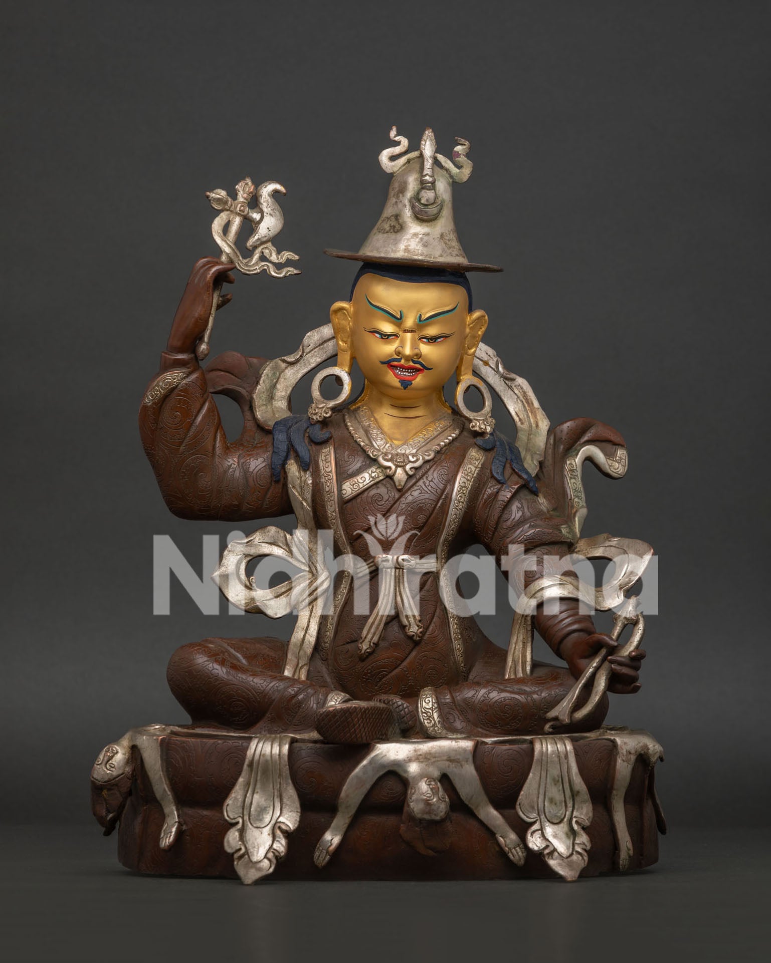 Front View of Handcrafted King Gesar Statue with Silver Plated Copper Finish