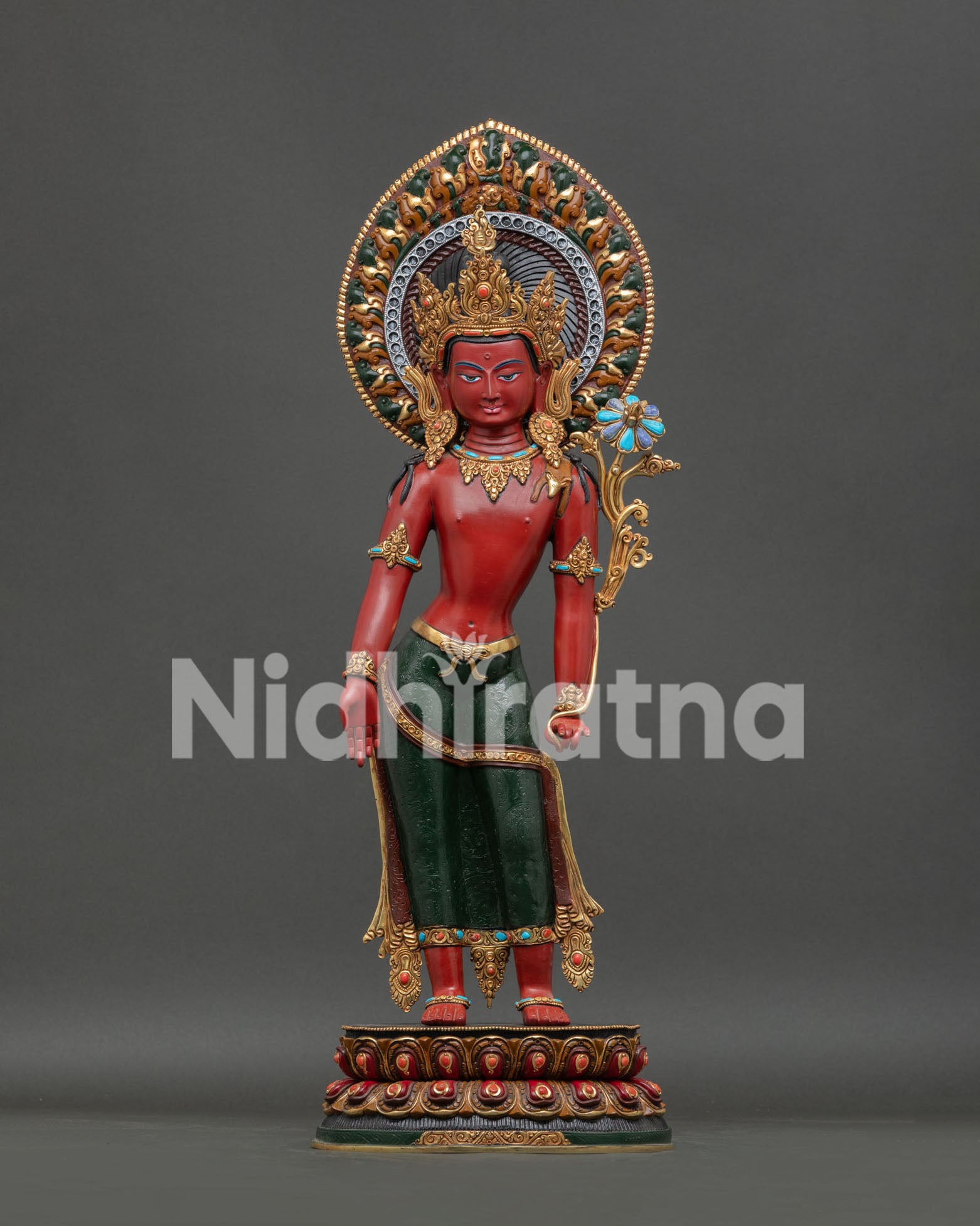Front View of Handcrafted Lokeshwor Statue with Gold Gilded Copper and Semi Precious Stones