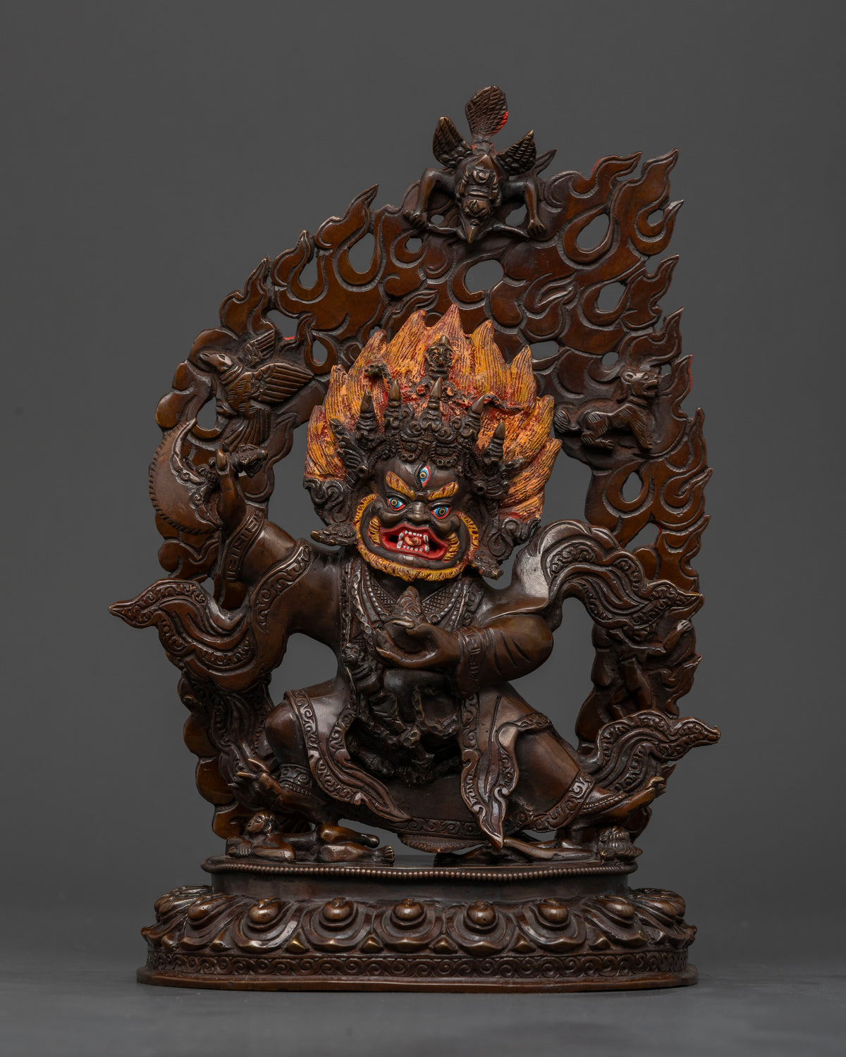 Front view of handcrafted Mahakala Bernagchen statue in oxidized copper from Nepal