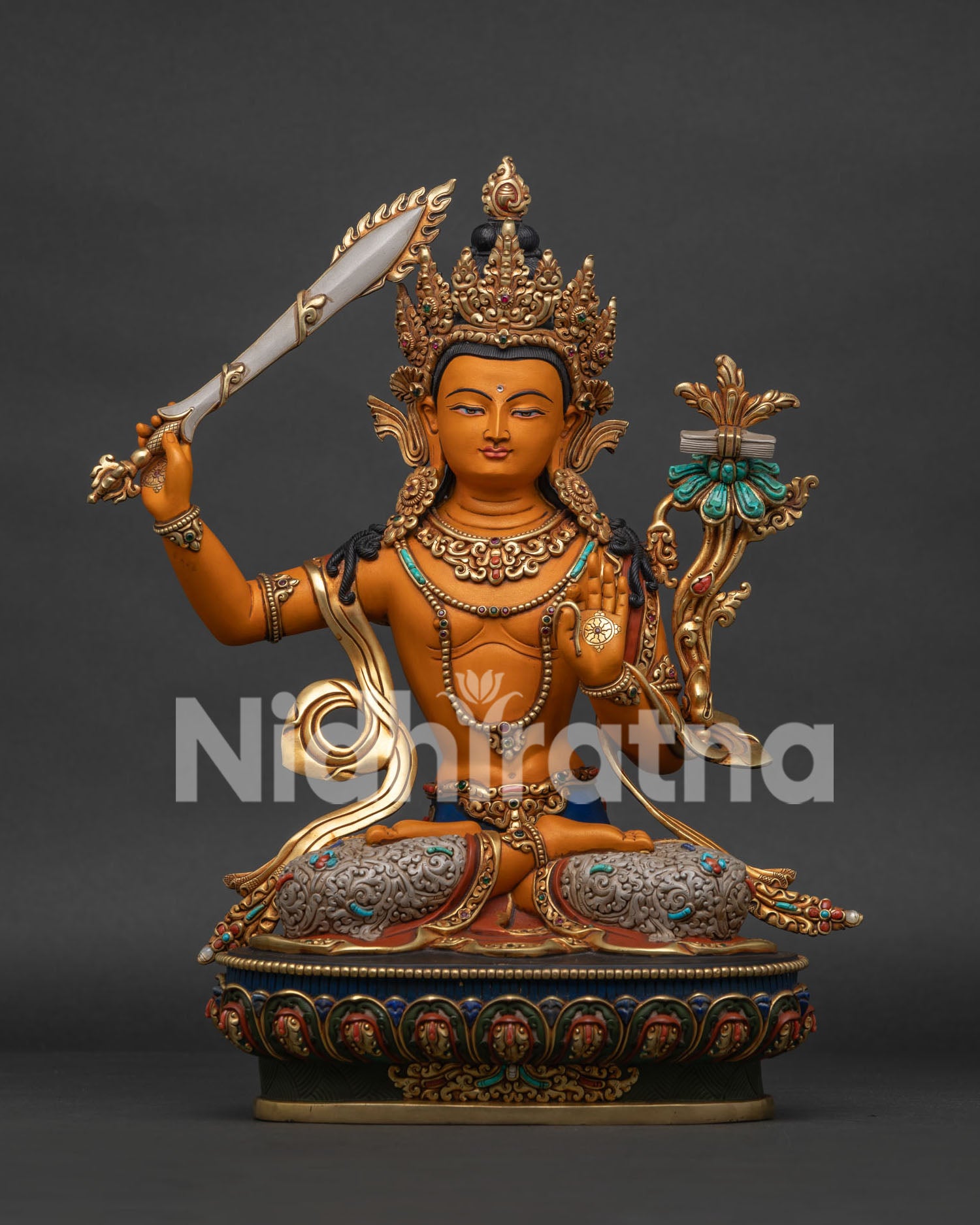 Front View of Handcrafted Manjushri Statue Gold Gilded Copper Buddhist Sculpture from Nepal